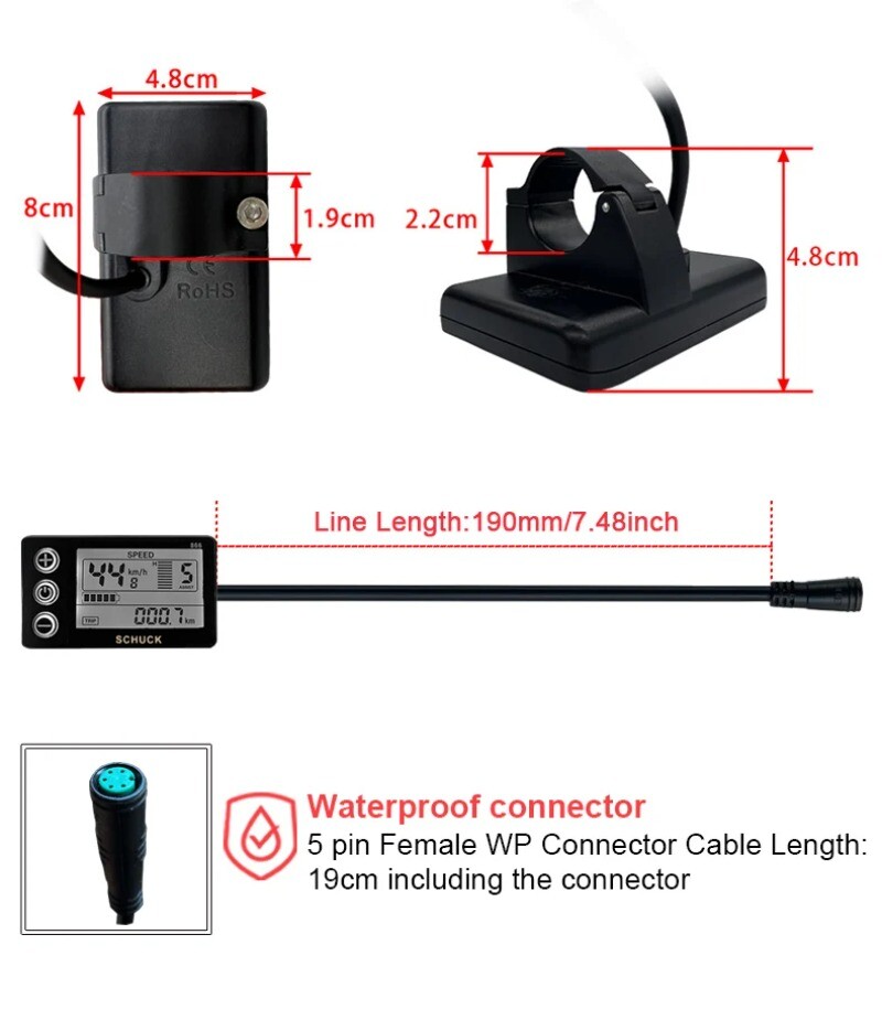 S866 LCD Display with 5 Pin Waterproof Female Connector Use for E-bike E-Scooter