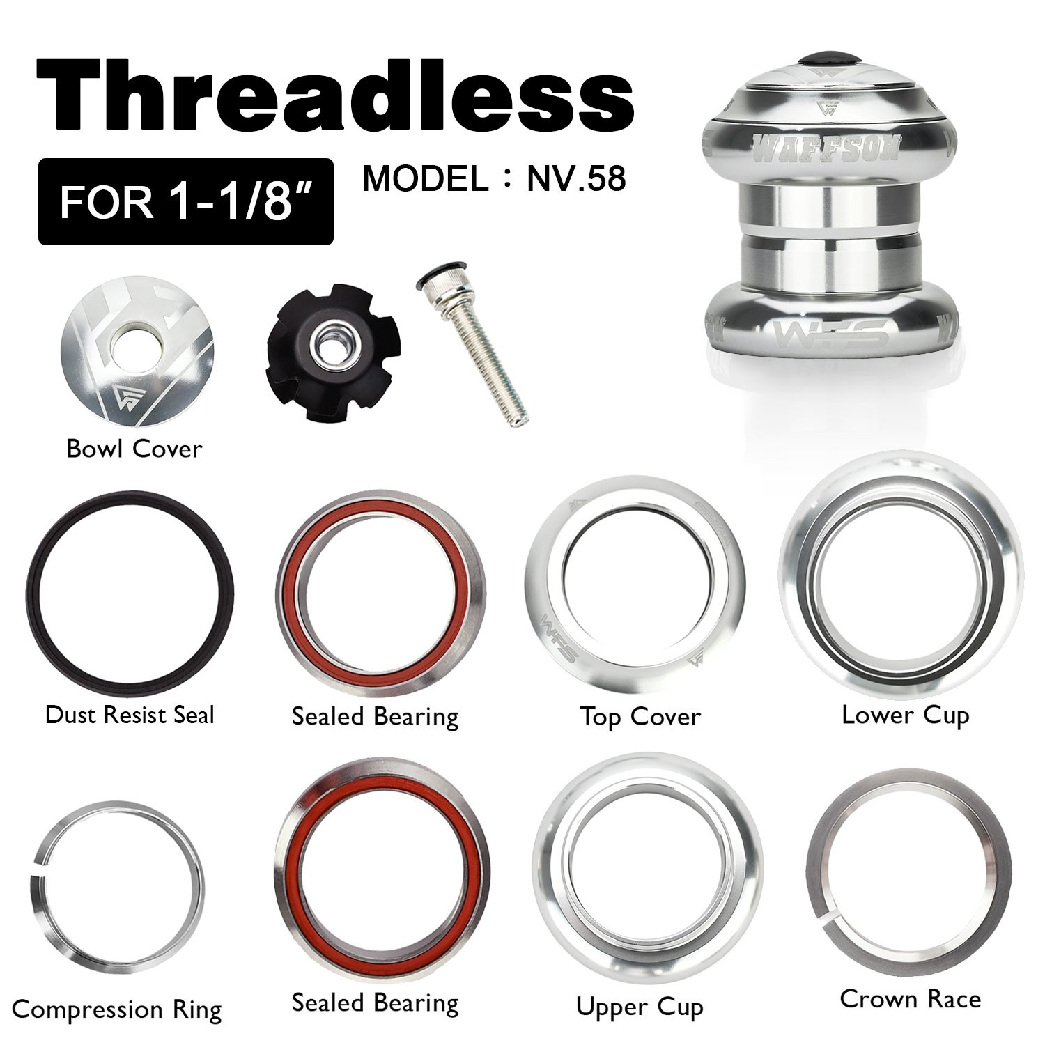 WFS NV.58 1-1/8 inch CNC Threadless Headset with Top Cap , Silver