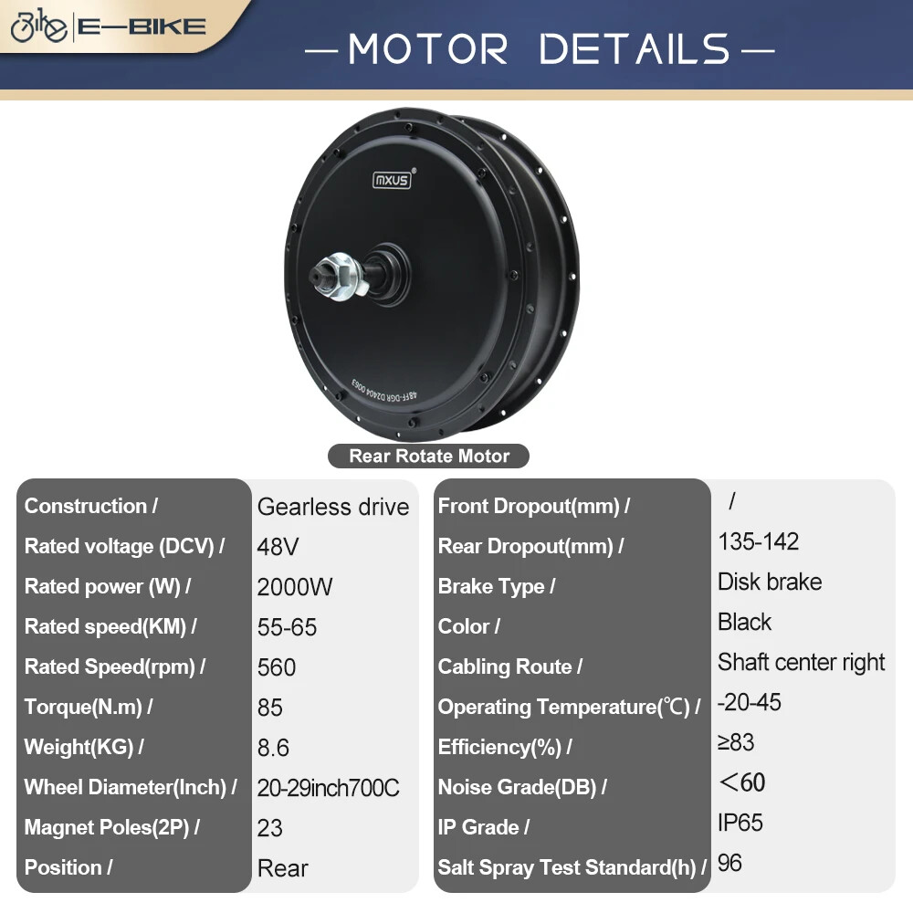 48V 2000W MTB Ebike Brushless Nongear Hub Motor Dropout 135-142mm Controller Kit