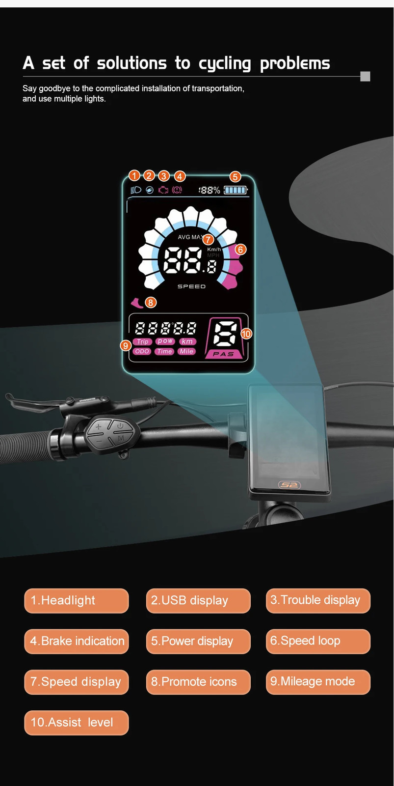 Electric Bicycle LCD UKS2 Display 36V 48V 52V 60V 72V with 5PIN Waterproof Plug