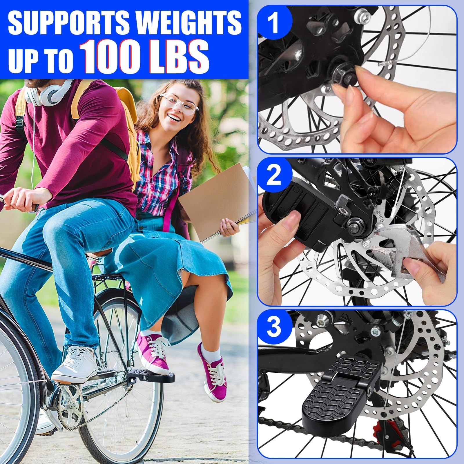 2PCS E-Bike Rear Foot Pegs, 15MM Aluminium Non-Slip Bicycle Pedals