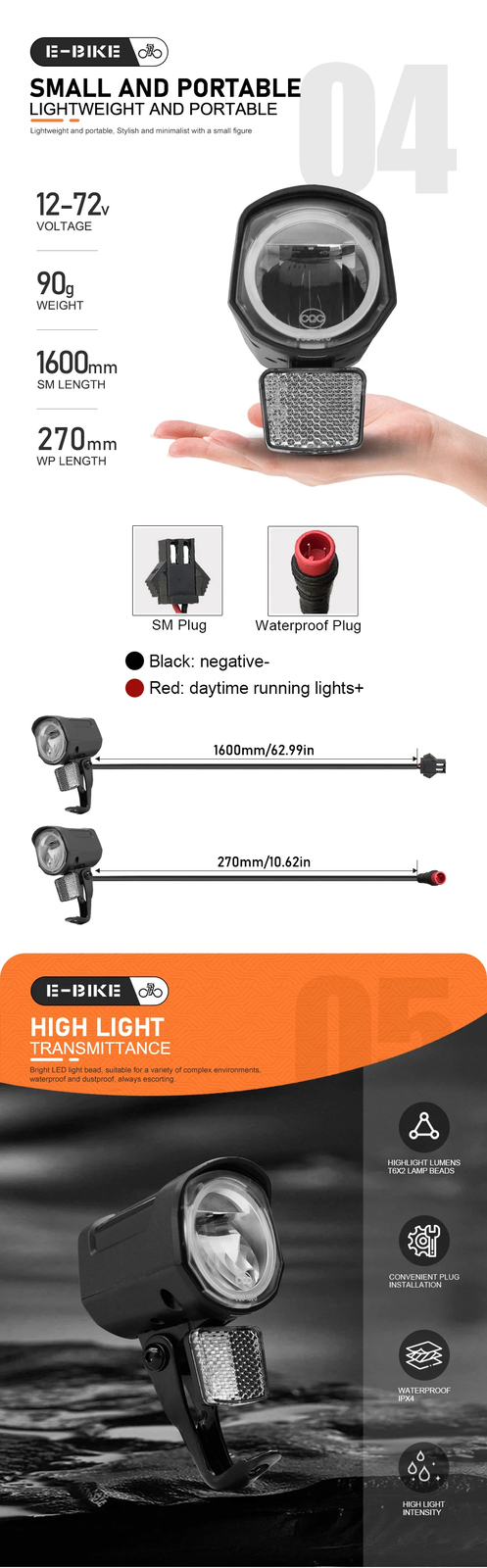 E-Bike Front Light QD252 12V 24V 36V 48V 60V 72V SM/Waterproof Front Headlight