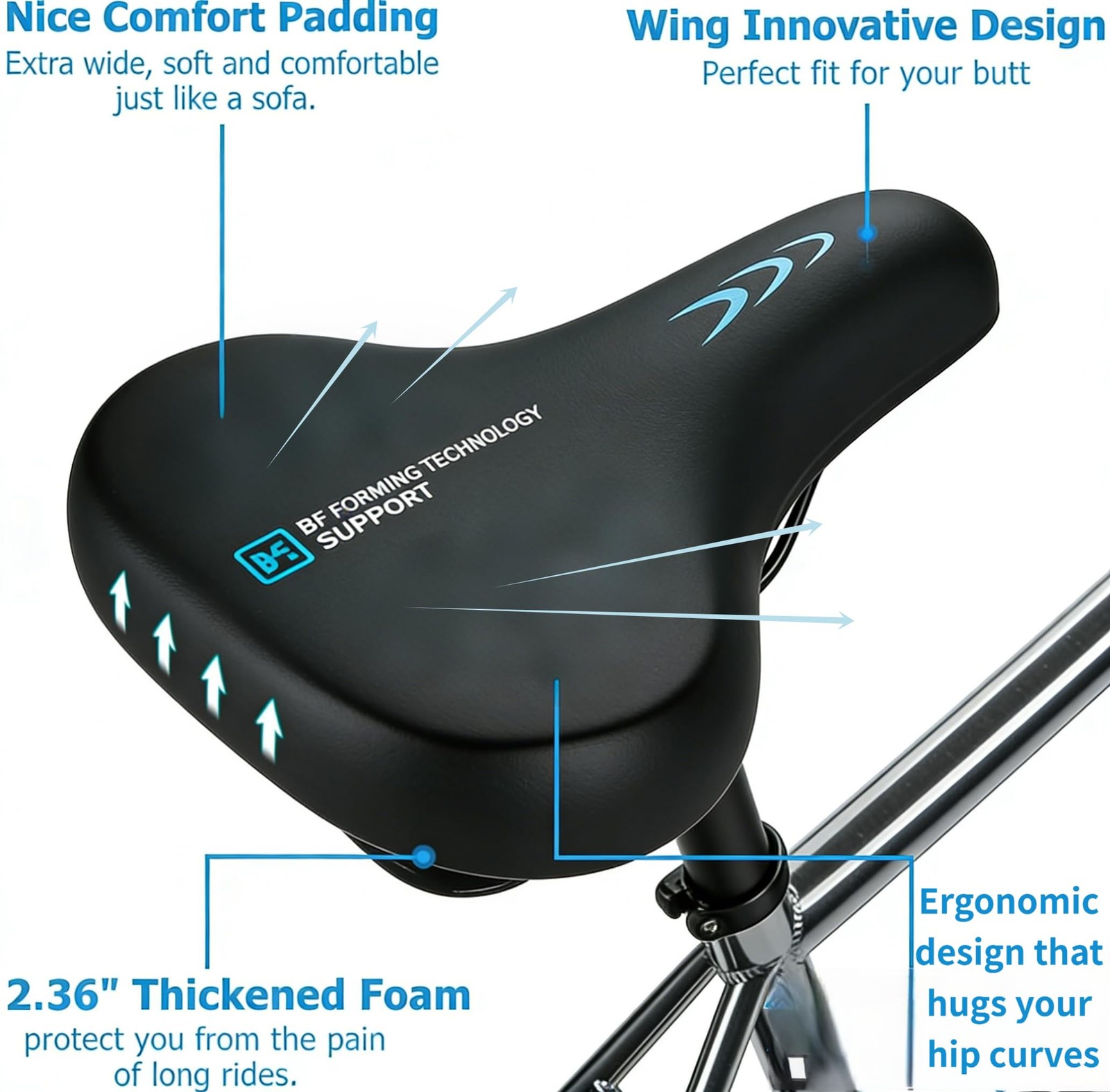 Oversized Ergonomic Comfort Bike Seat 9.7″x8″, Ascent Saddle 2.0, Universal B…