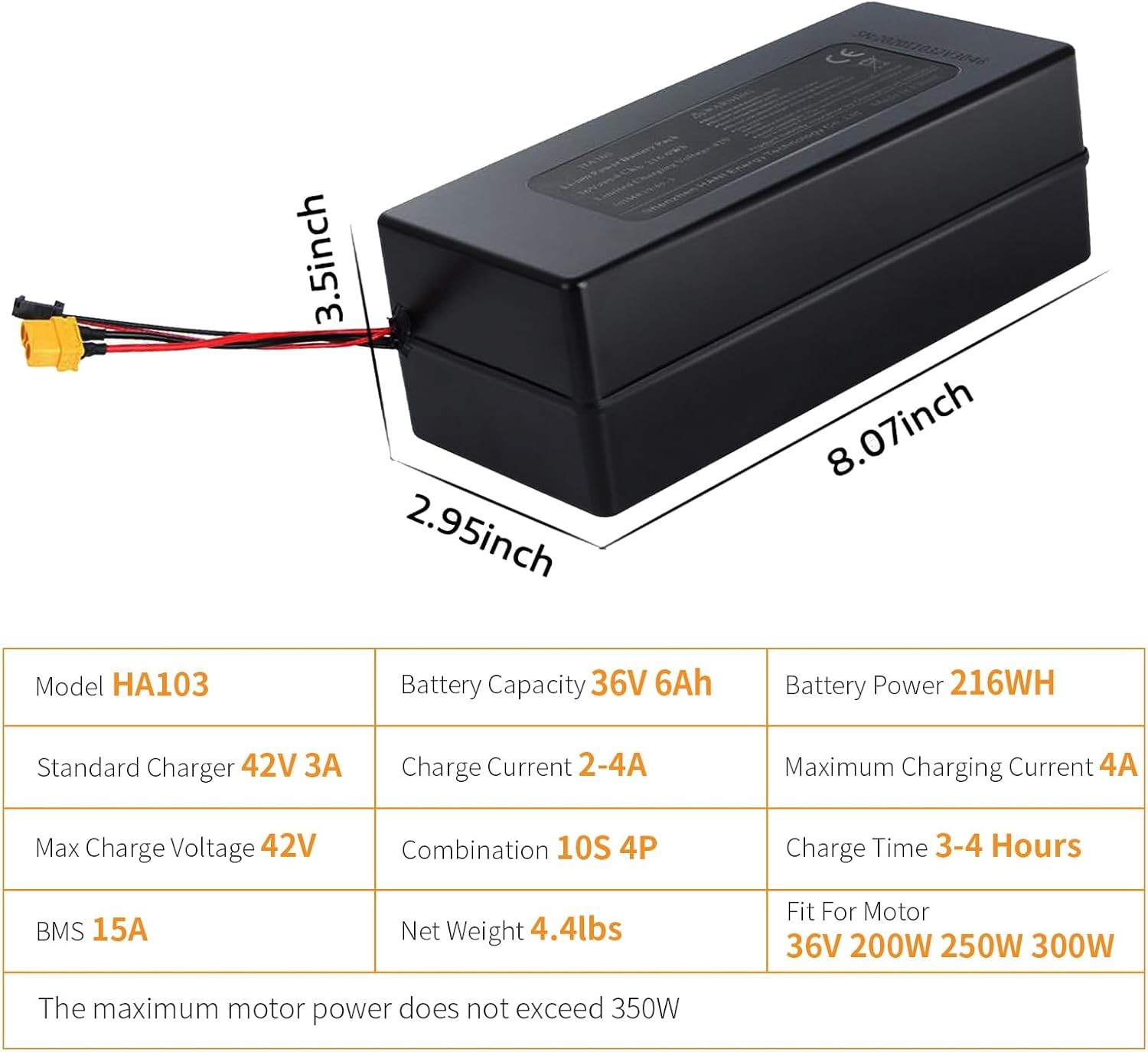 E-Bike Battery 36V 6Ah Rechargeable Lithium Battery with T-Plug XT60 Connectors