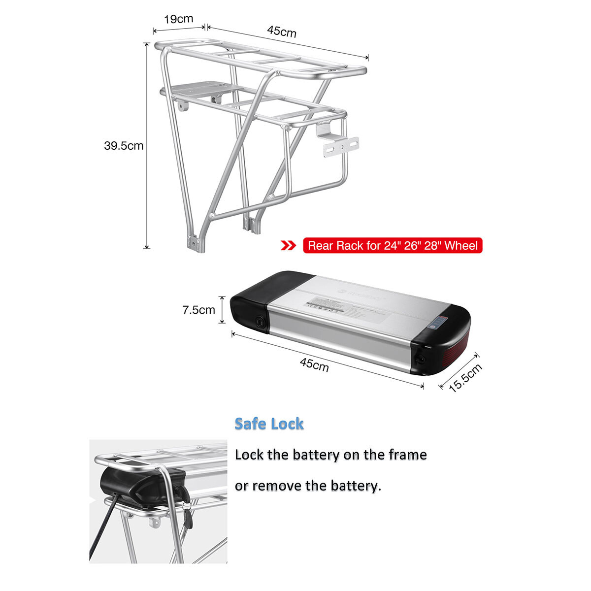 36V 20Ah Rear Rack Lithium Battery for Electric Bicycle Battery Pack Replacement