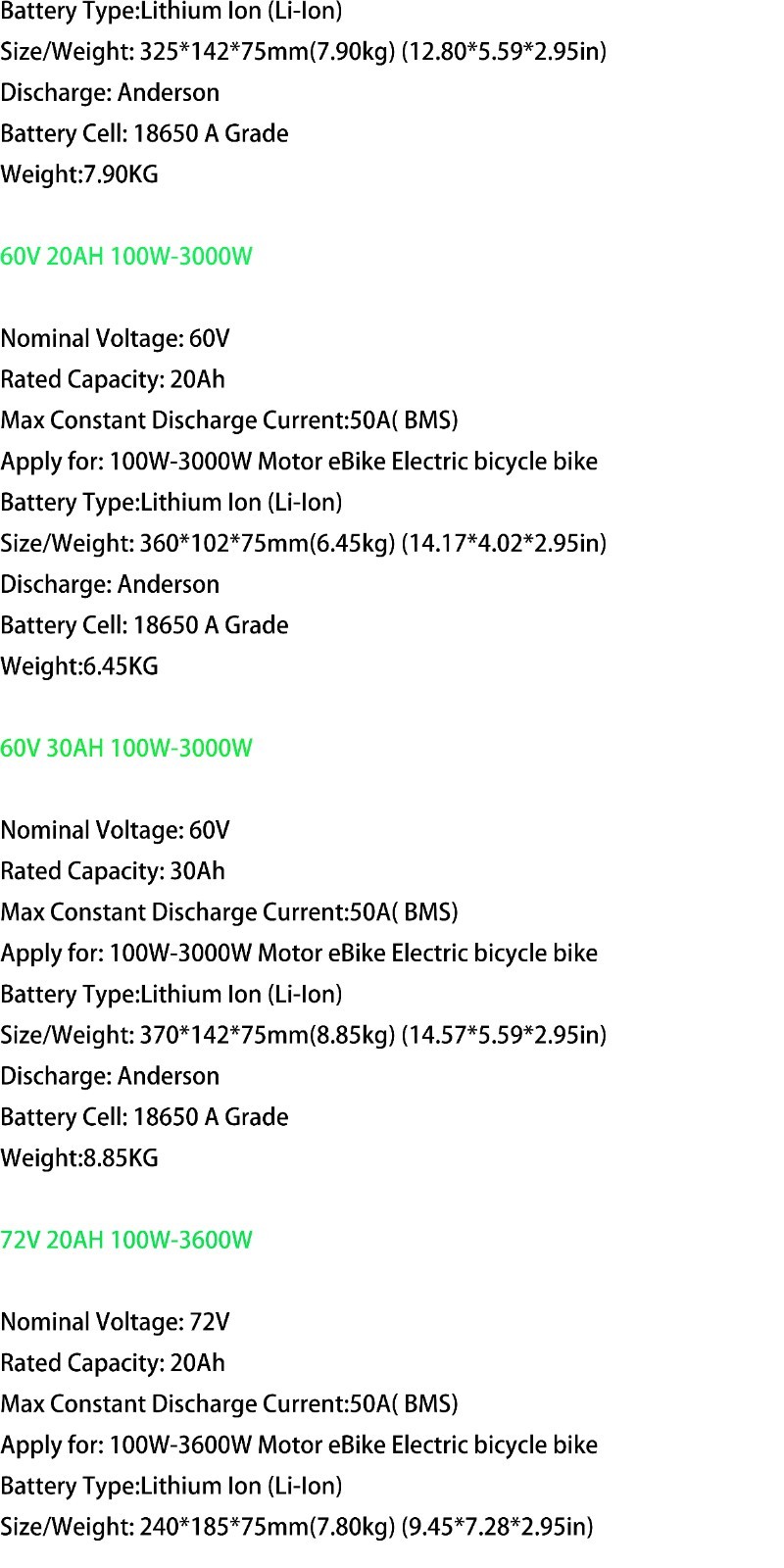 Ebike Battery 72V 60V 52V 48V 36V 8Ah 10Ah 14Ah 20Ah 30A 50W-3600W Electric Bike