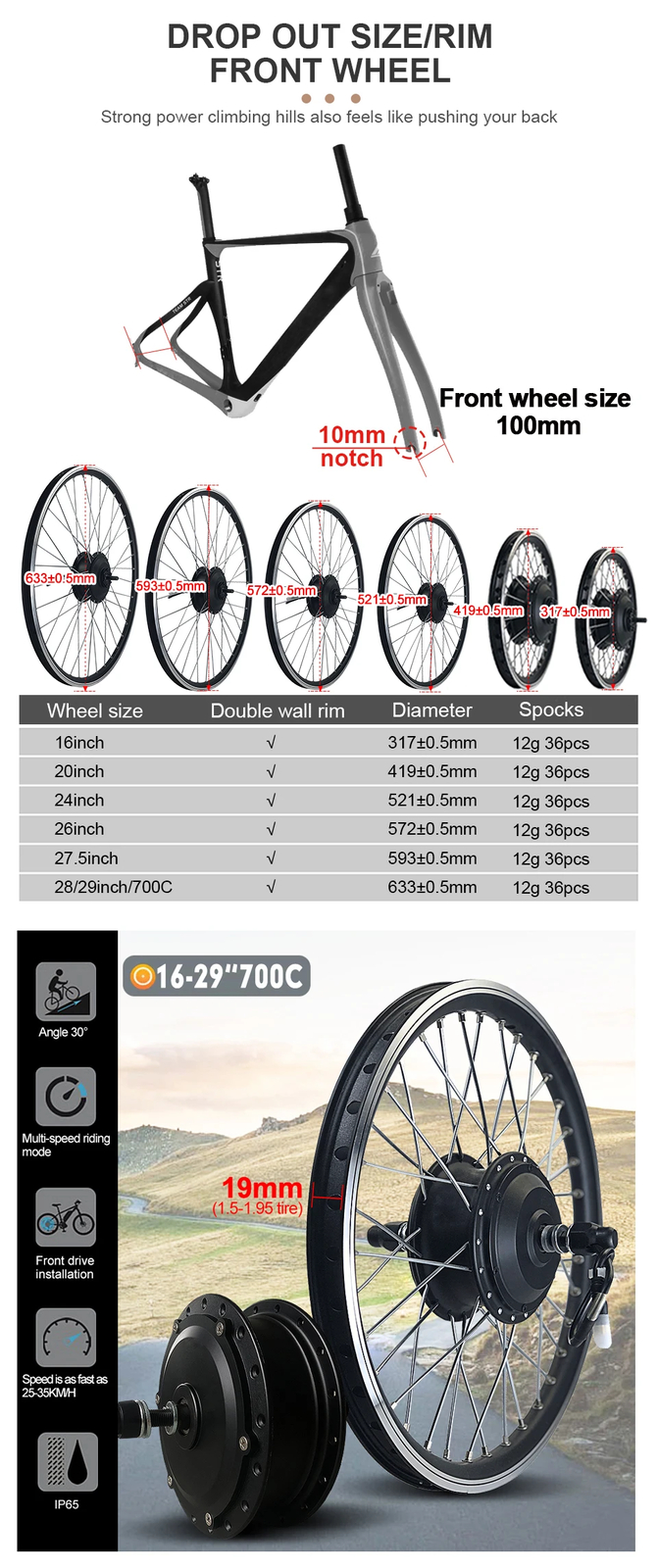 Electric Bicycle Conversion Kit 36V 48V 250W 350W 500W Front Hub Motor Wheel