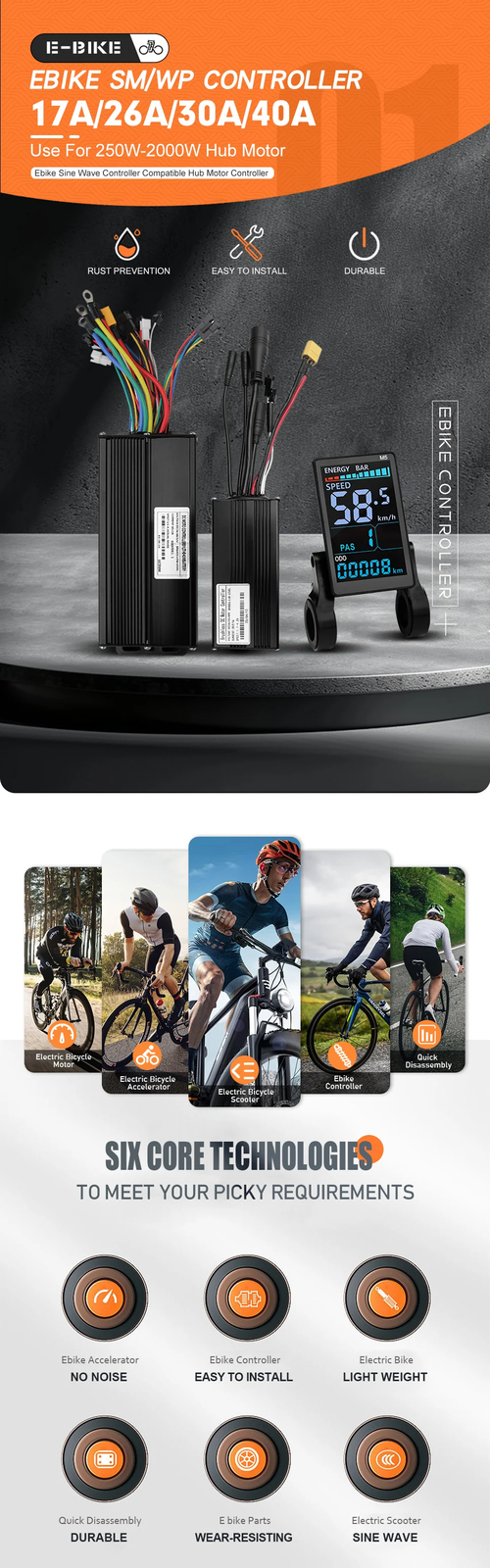 E-bicycle Sine Wave 3 Mode Controller Set 17A 26A 30A 40A with Color M5 Display