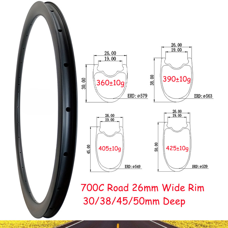 700C Carbon Rim 30X26 38X26 45X26 50X26mm Disc or V Brake Tubeless 16-32 Holes