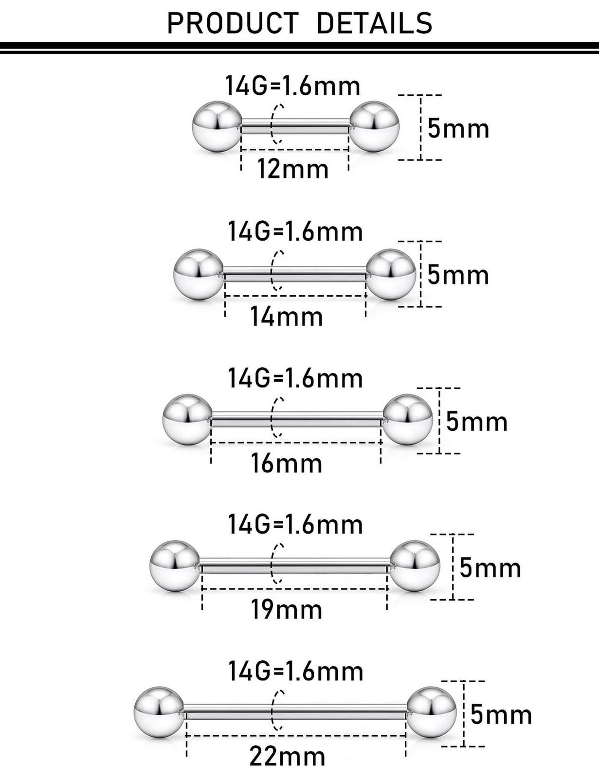 16G 14G 12G Nipple Piercings Tongue Rings Externally/Internally Threaded Hypo…