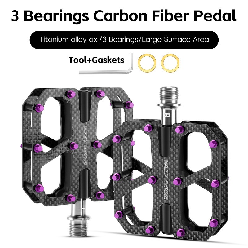 WEST BIKING Carbon Fiber Road Bike Pedals 3 Bearings Titanium Axis Pedals Purple