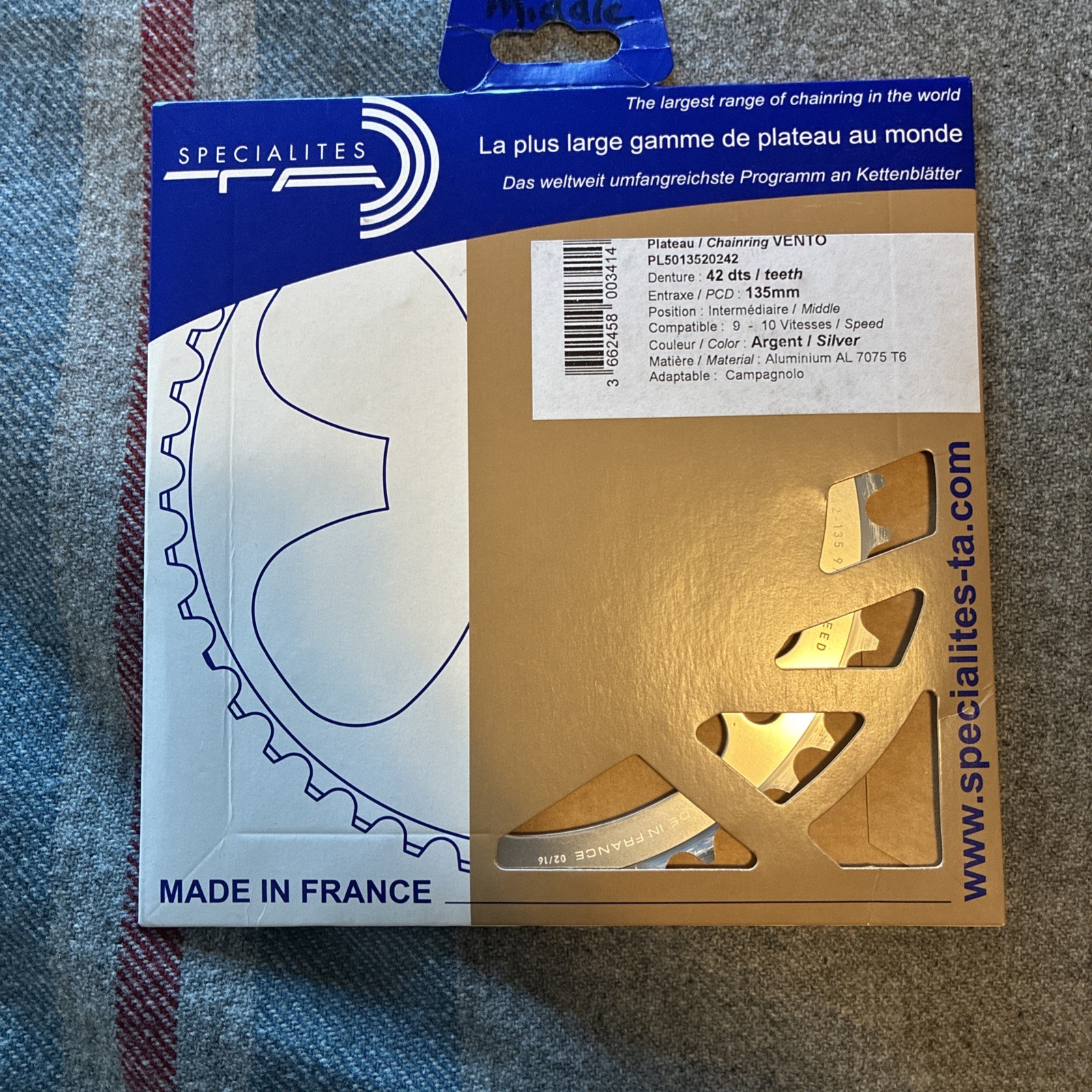Specialties TA, 42 tooth, 135mm Campy, 9-10 speed chainring, NEW