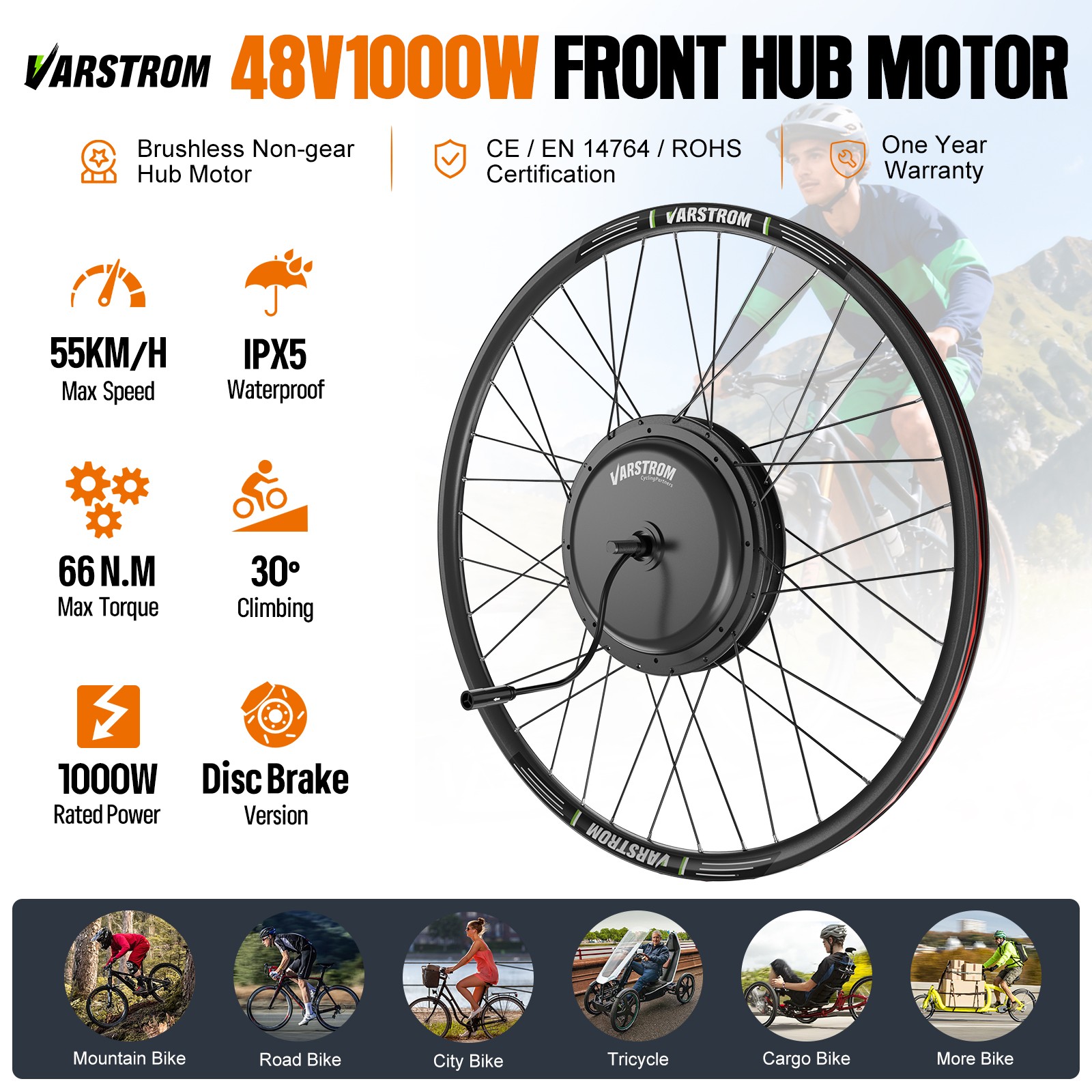 48V1000W Front Wheel Hub Motor Kit 26″27.5″700C Ebike Conversion Kits Brushless