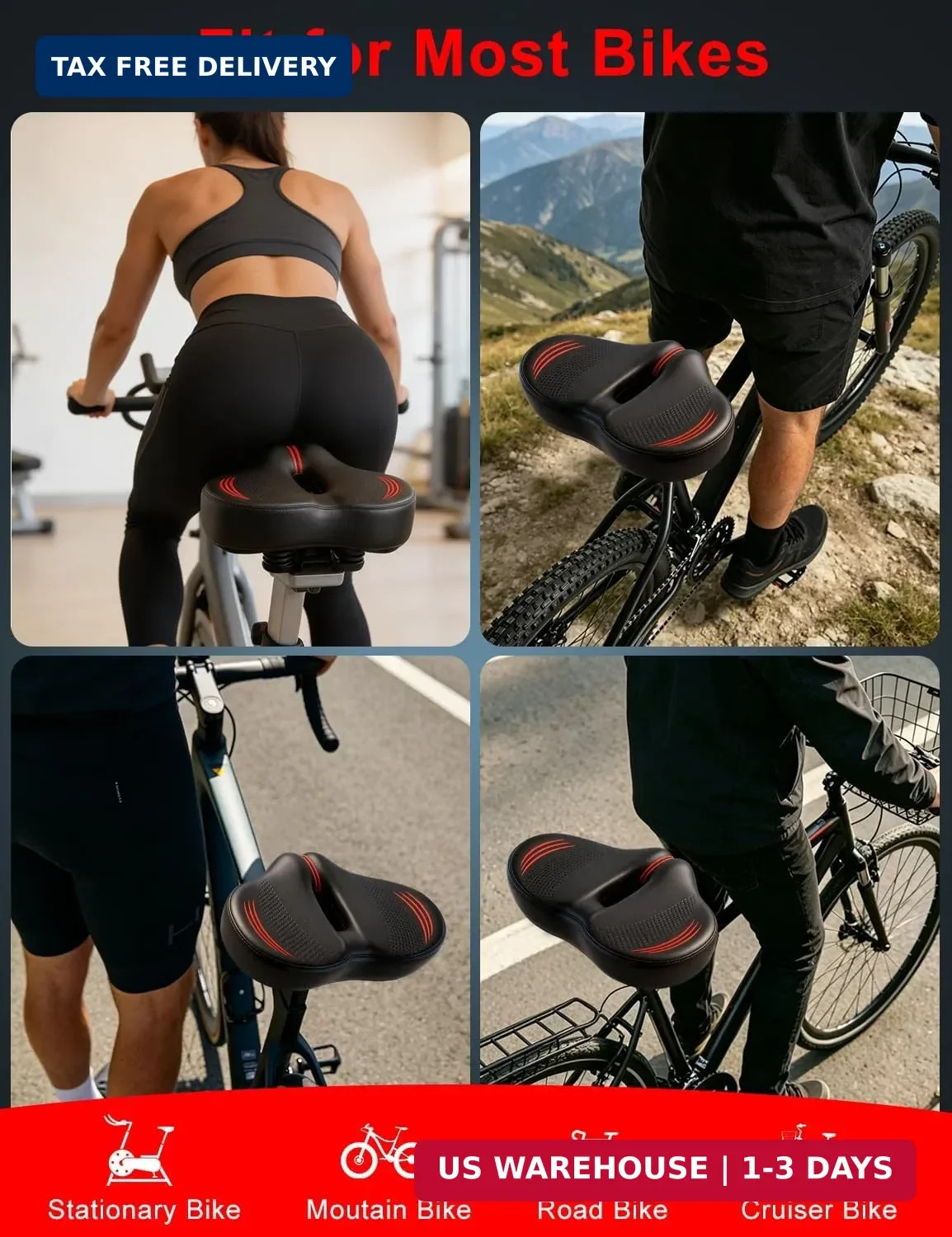 Noseless Oversized Bike Seat Replacement, NEW Comfortable Extra Wide 13.6″ Padde