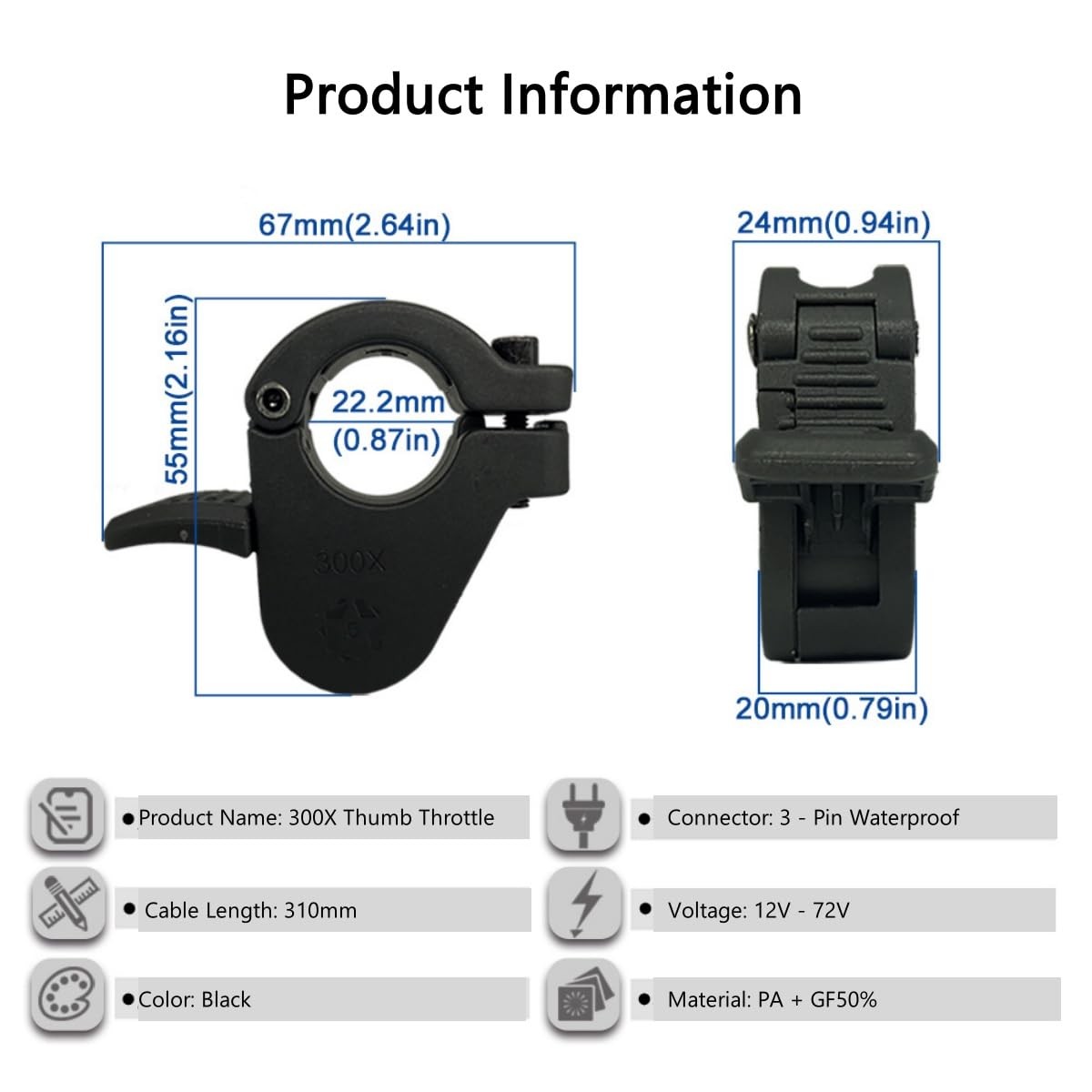 Swrxearn Ebike Thumb Throttle12V/24V/36V/48V/52V/60V/72V 3-Pin M8 Waterproof