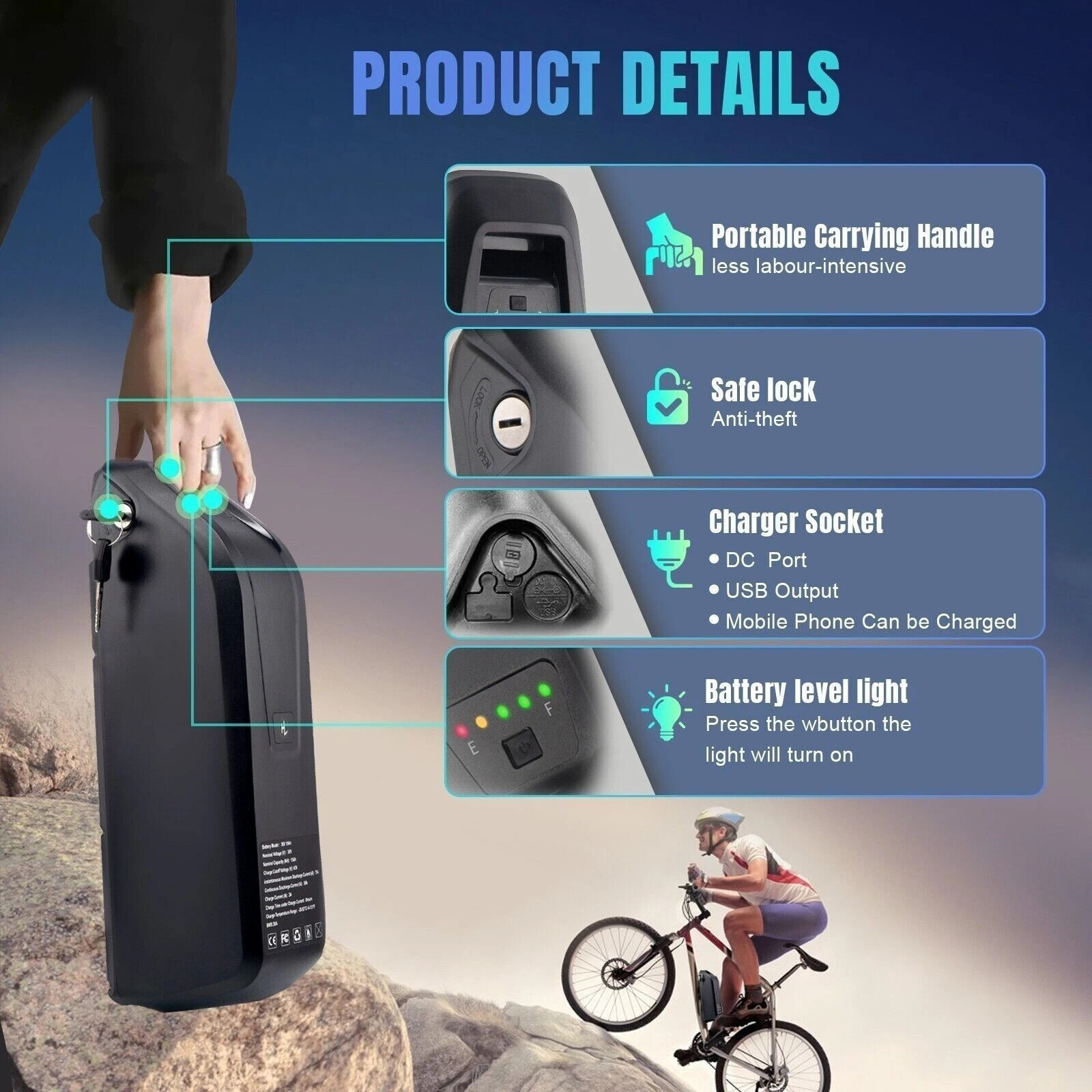 52V 48V 36V 10Ah 15Ah 20Ah Electric Bicycle Ebike Lithium Battery Rechargeable