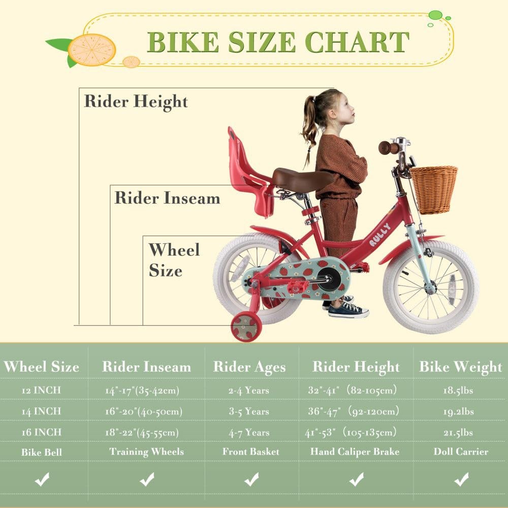 Rully Strawberry 12 Inch Girls Bike For 2-4 Year Olds Kids Bicycle Training