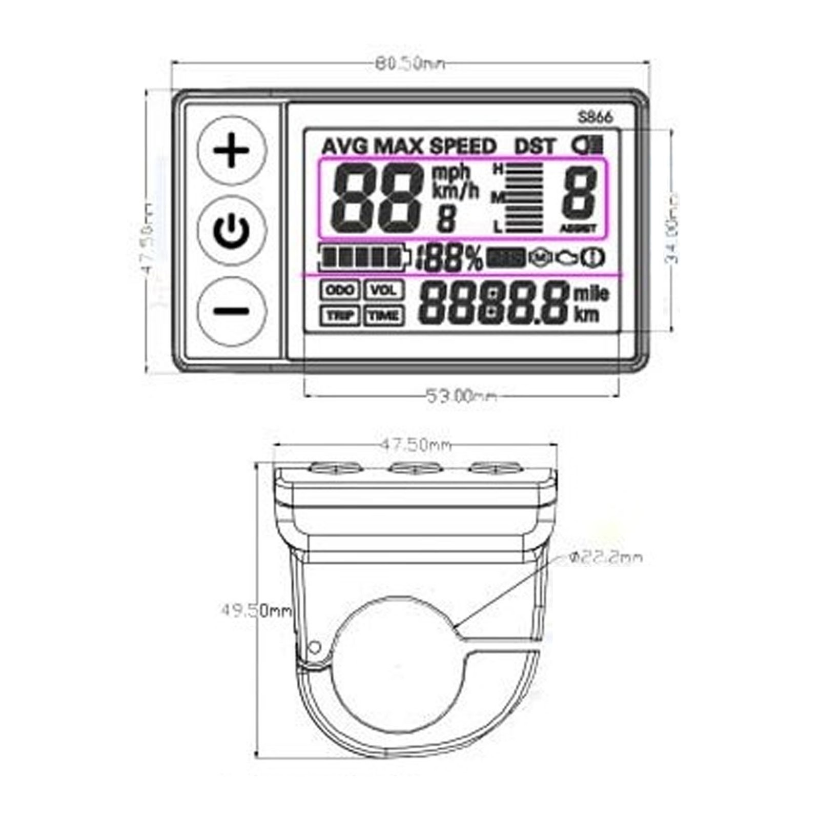 S866 LCD Display 24/36/48V Compatible IP65 Waterproof E-Bike Data Monitor Panel