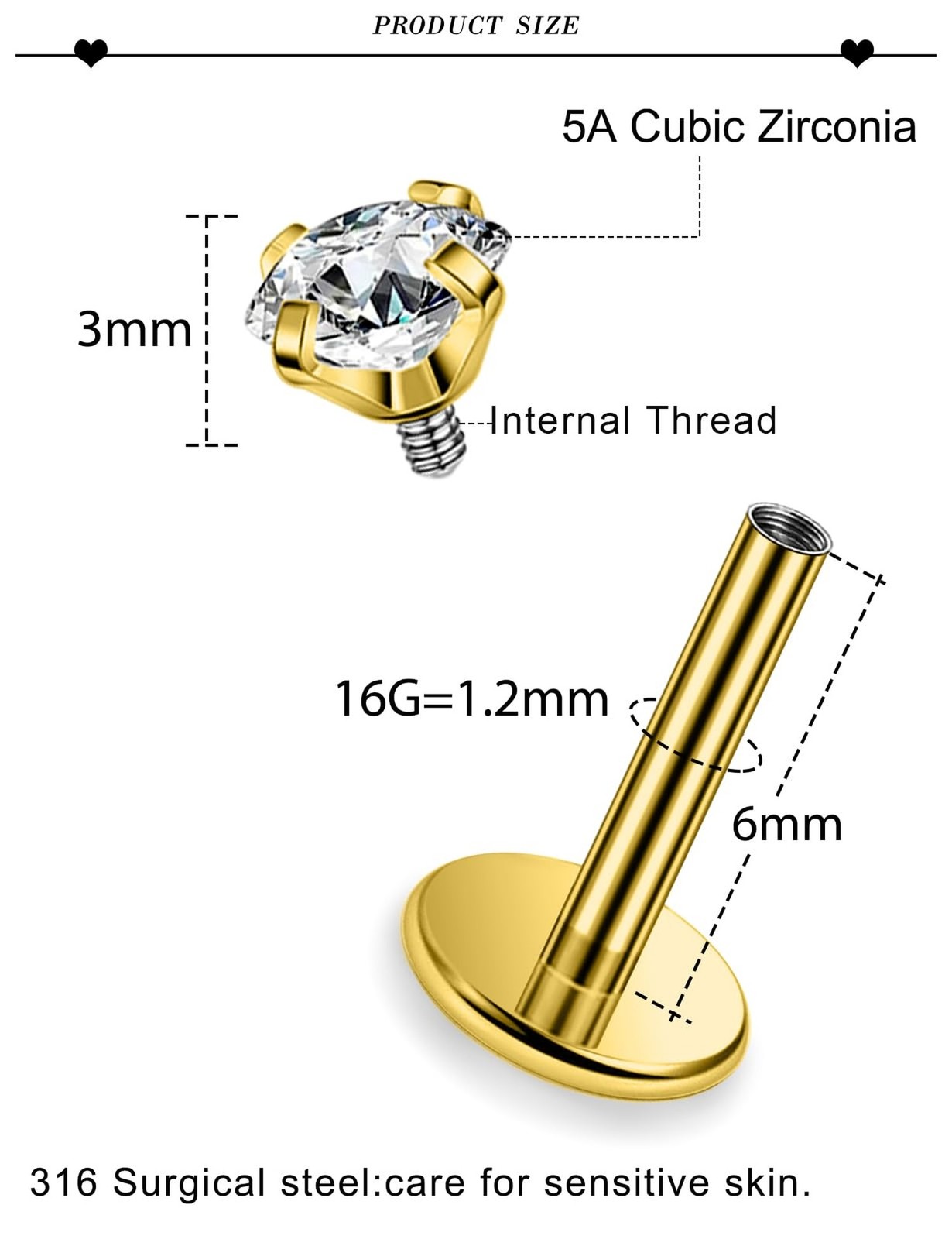 16G ASTM F136 Titanium Surgical Steel Internal Thread Flat Back Studs Earring…