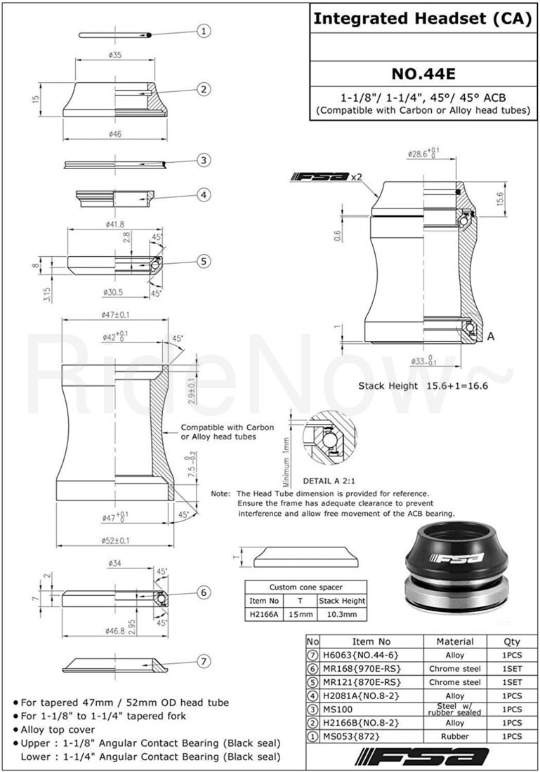 FSA No.44E INTEGRATED Headset, 1-1/8″ to 1-1/4″ Tapered, OD 47mm/52mm