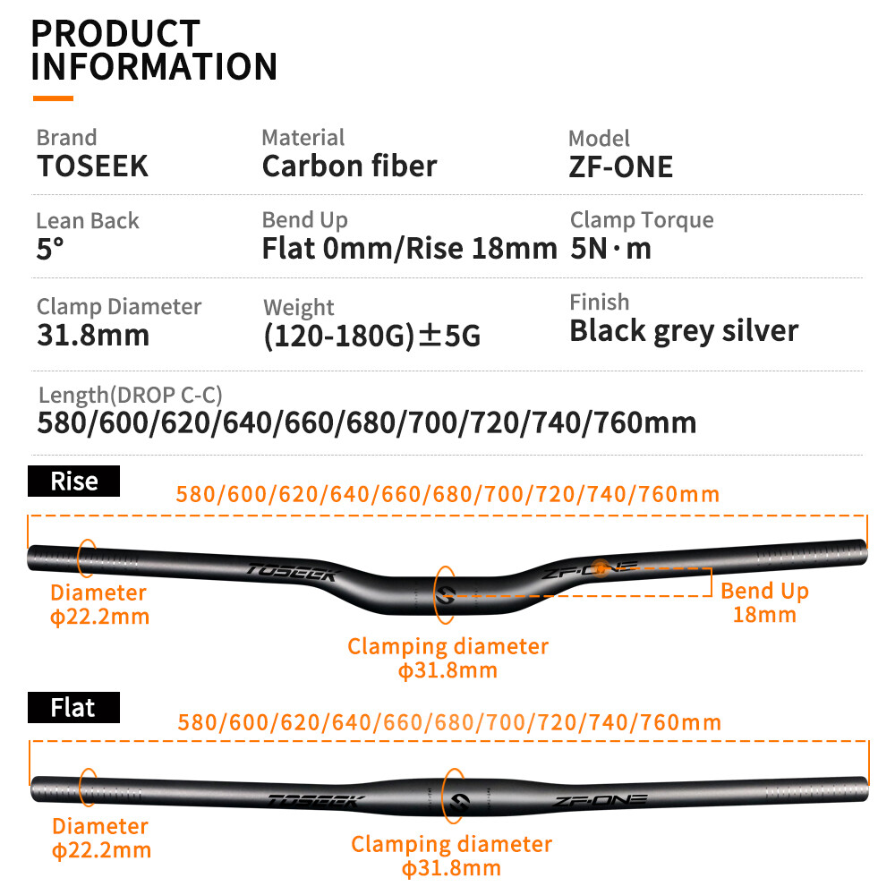 TOSEEK Carbon Fiber Flat Bar Rise Bar XC Mountain Bike Handlebar 31.8*600-760mm