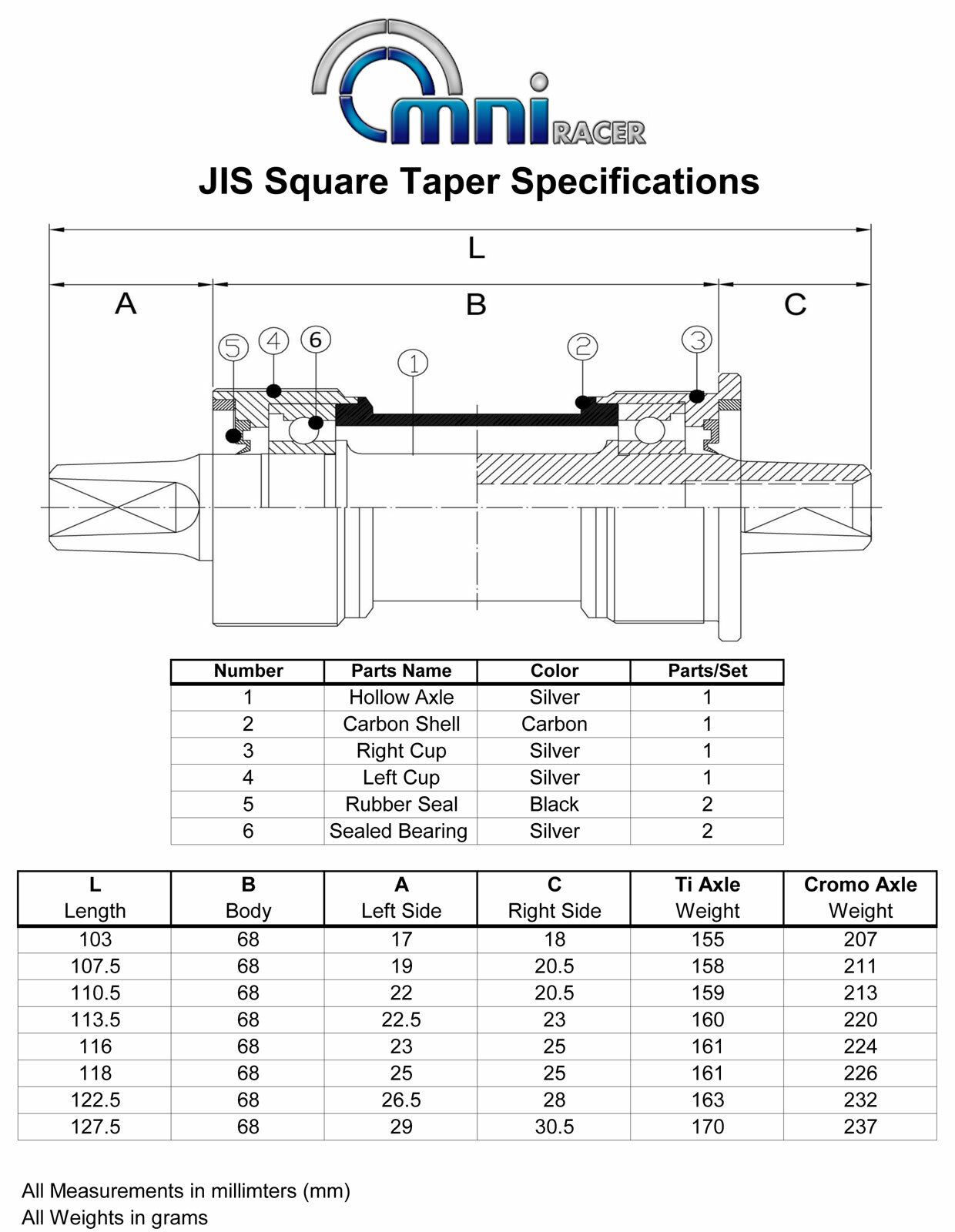 OMNI Racer Square Taper Cromo Steel Bottom Bracket JIS 2°: 68x103mm: ENGLISH