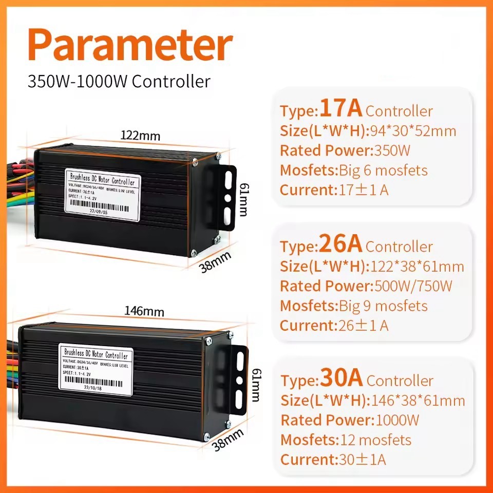 Ebike Controller Sine Wave 350W-1000W Motor Controller 24V/36V/48V 17A 26A 30A