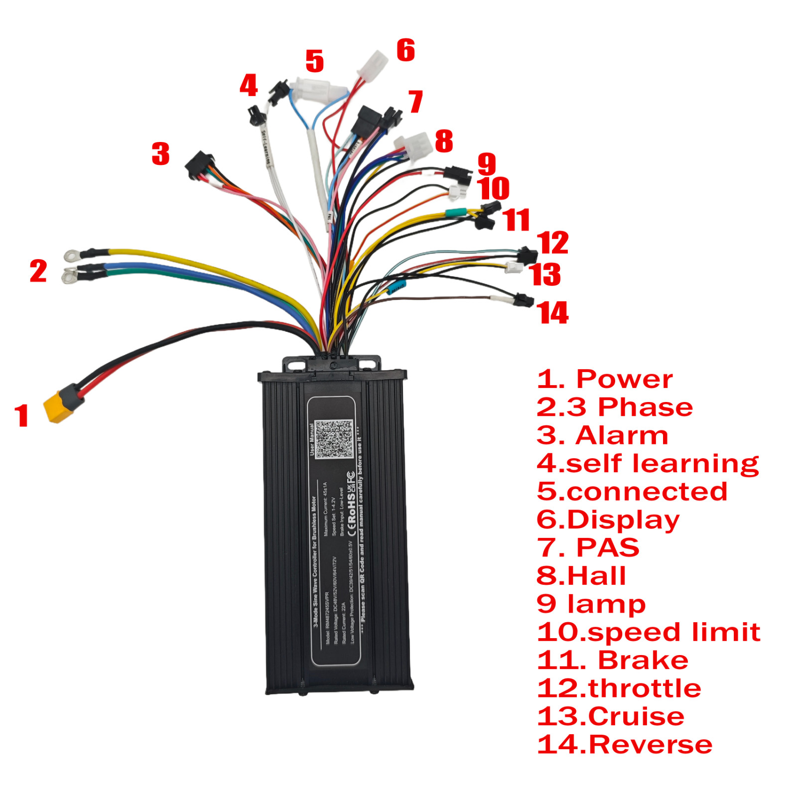 Electric Bike 48V 52V 60V 72V 1500W-3000W 45A 3-mode Sine Wave Ebike Controller