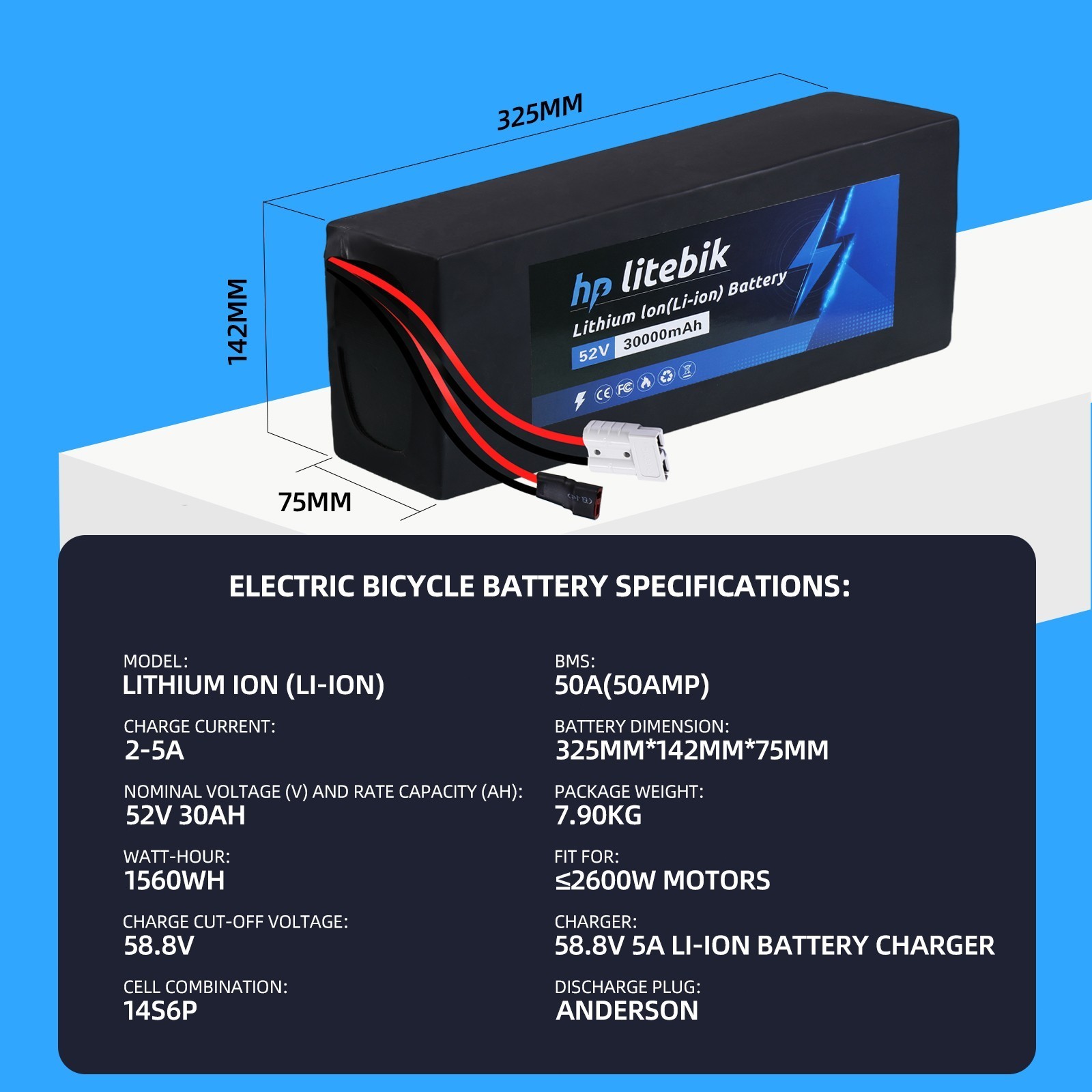 52V 30AH Ebike Lithium Li-ion Battery 50A BMS for Electric Bicycle 2600W Motors