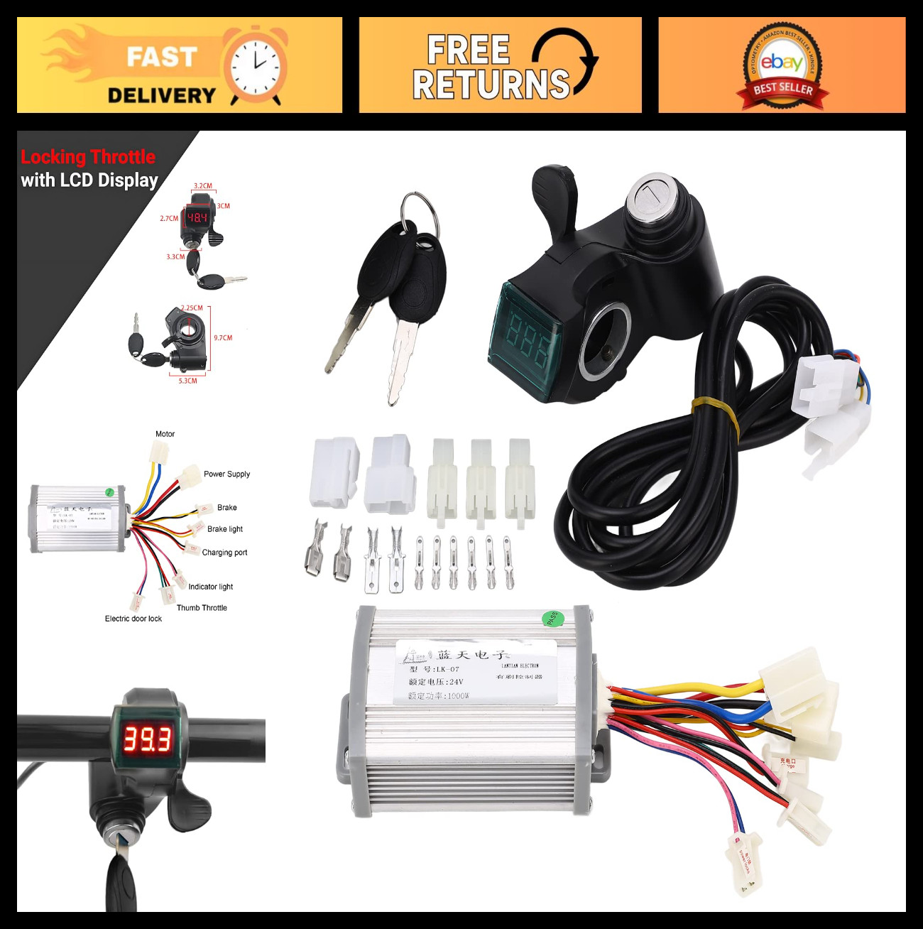 Electric Bike Motor Speed Controller & Thumb Throttle Set 24V 1000W Accessories