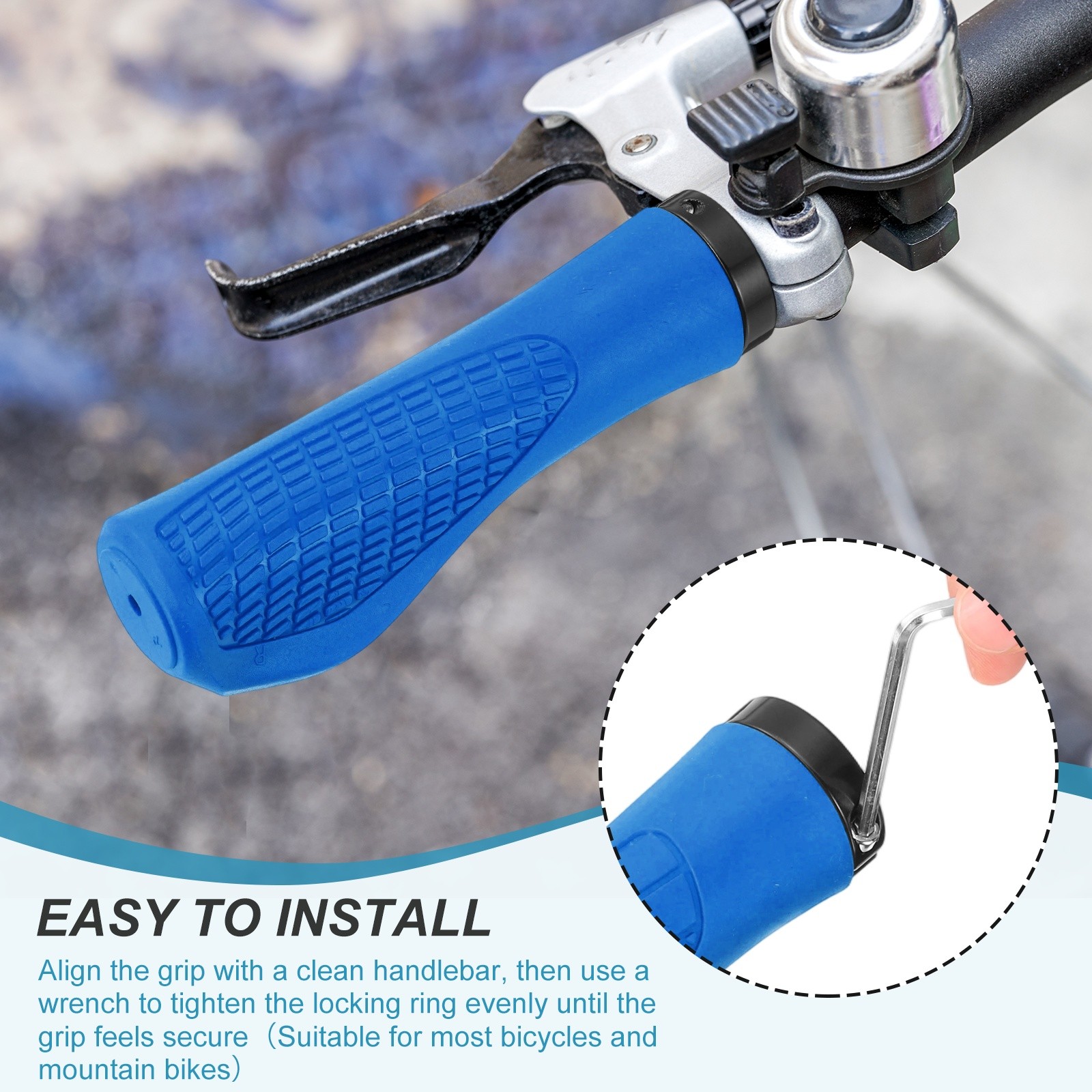 Ergonomic Bike Grips for Bicycle with Wrench 5.3in Diamond-Texture Blue