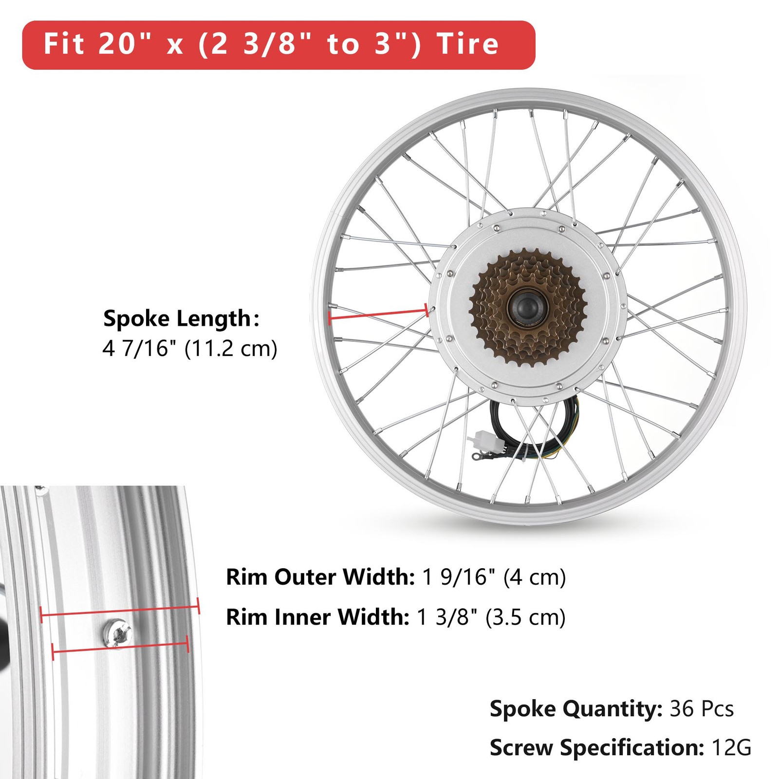 Yescom Electric Bicycle Motor Conversion Kit for 20″ 750W 36V E-bike Rear Wheel