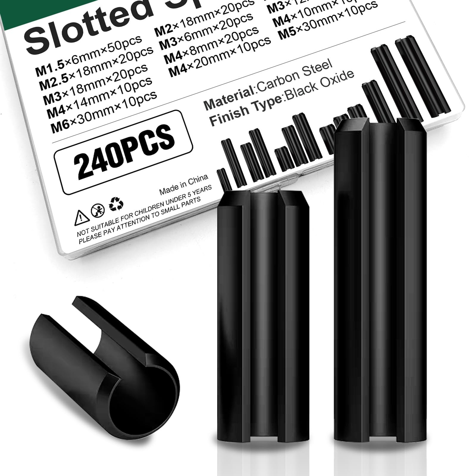 Mrdilla 240 Pcs Roll Pin Assortment, Metric Slotted Spring Pins, M1.5 Black