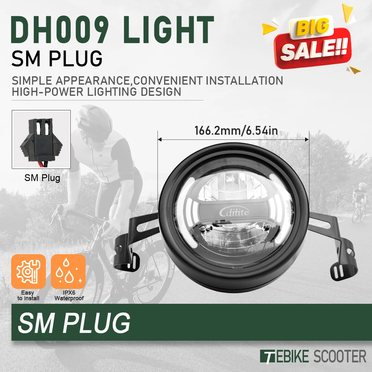E-Bike Headlight DH009 2pin SM/Waterproof Plug 12-48V Front Light Spotlight Part