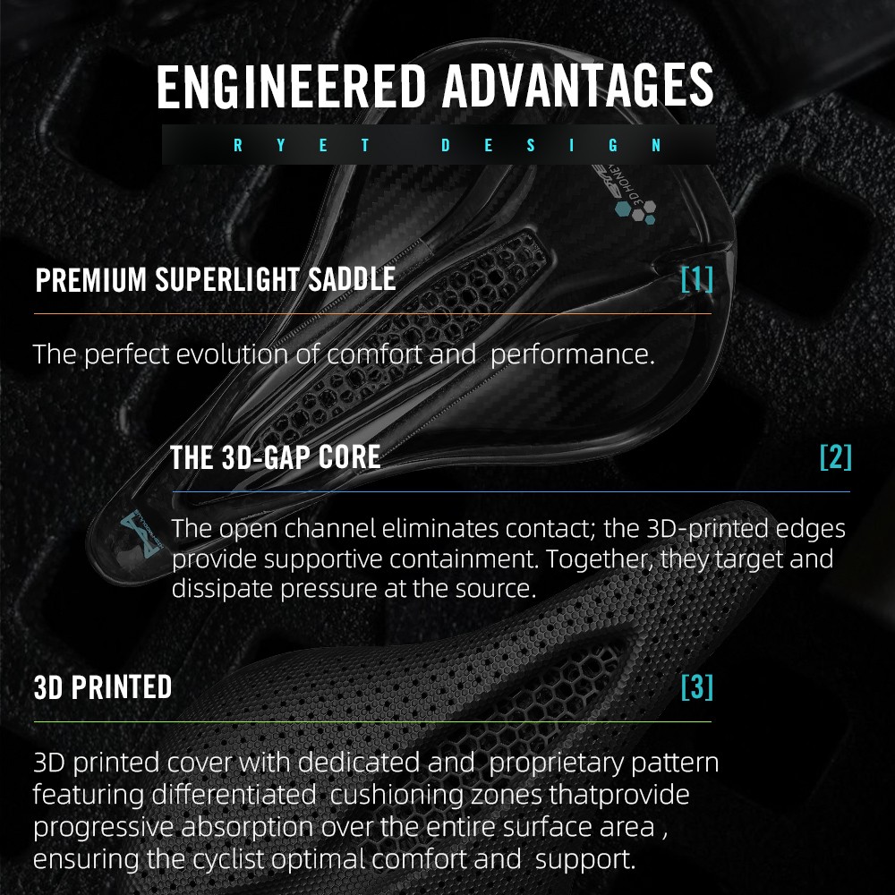 190g RYET 3D Printed Carbon Saddle 145/155mm for Road MTB Gravel Cycling Parts