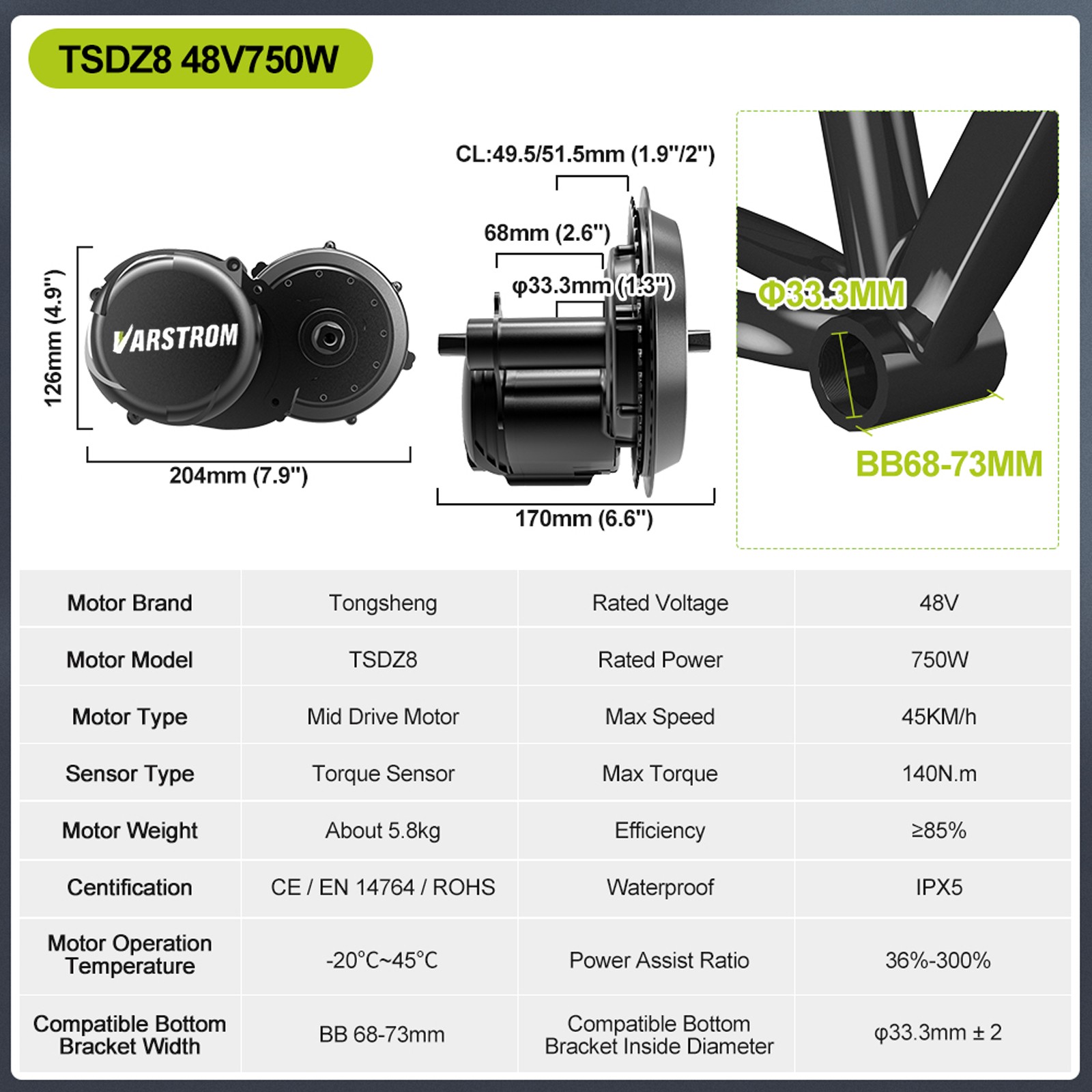 48V750W Mid Drive Motor Kit Tongsheng Torque Sensor TSDZ8 E-bike Conversion Kits