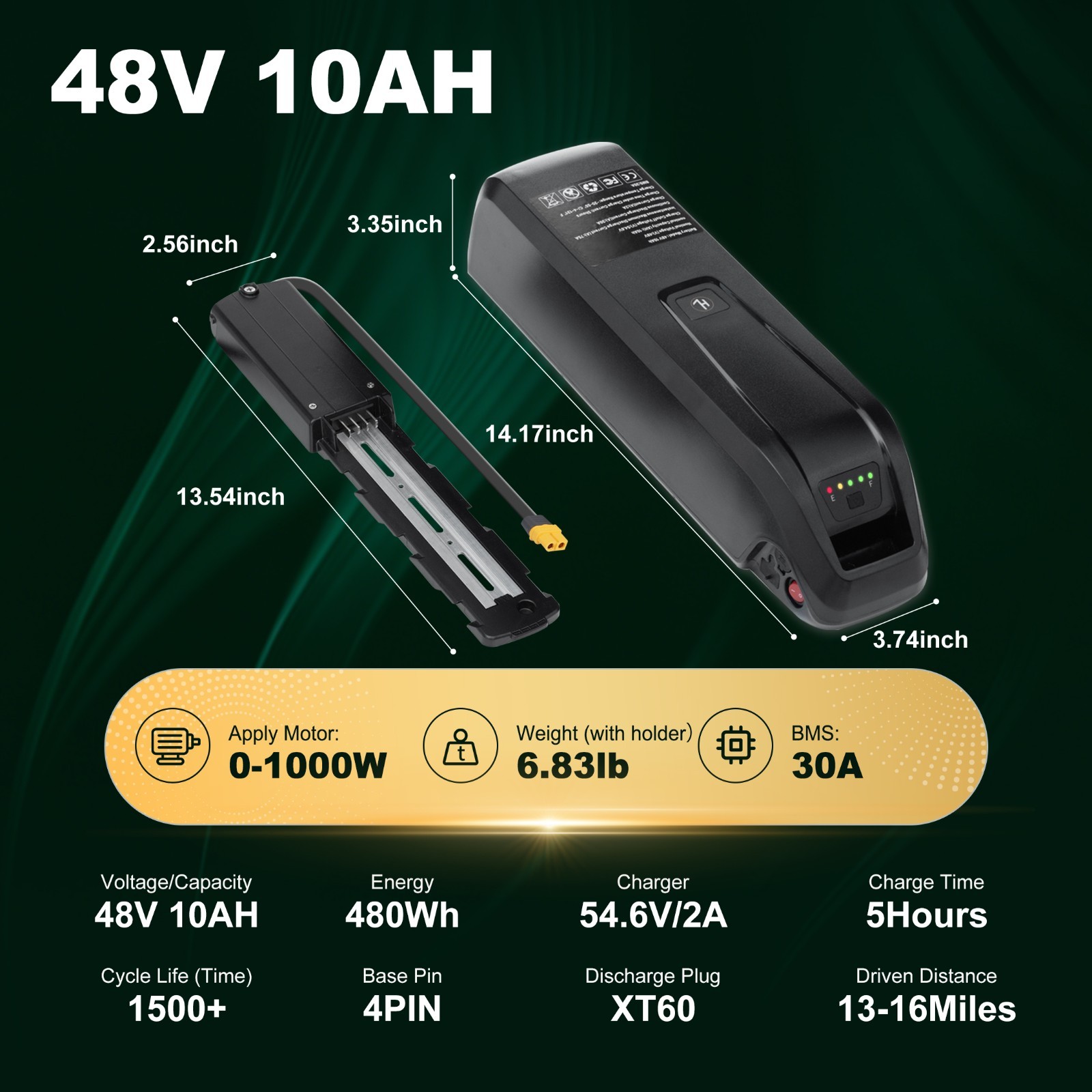 48V 10Ah/15Ah/20Ah Downtube Lithium Battery for E-Bike Electric Bicycle 0-1800W