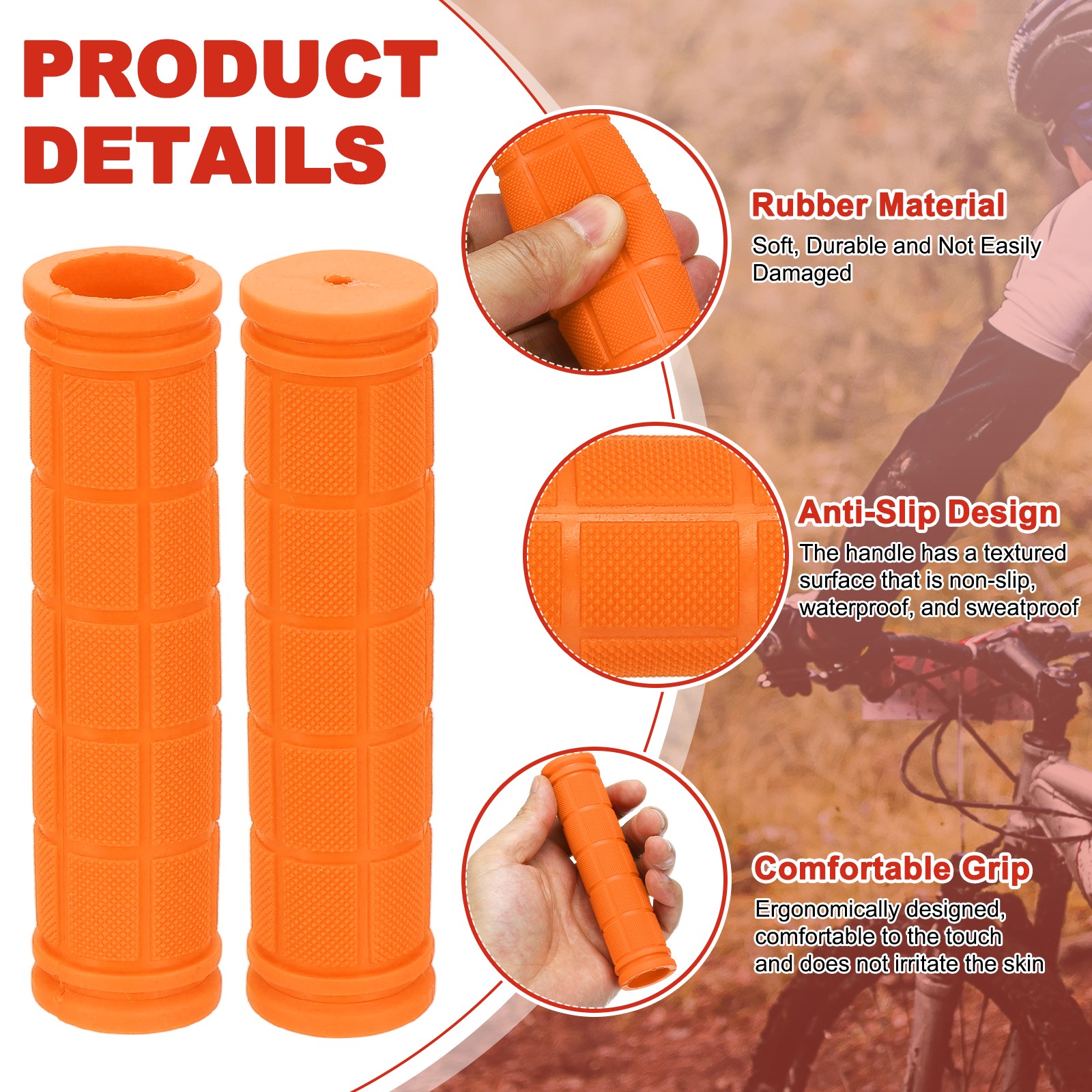 Soft Rubber Handlebar Grips, Bicycle Handlebar Grips 5.3 in 2 Pair Orange