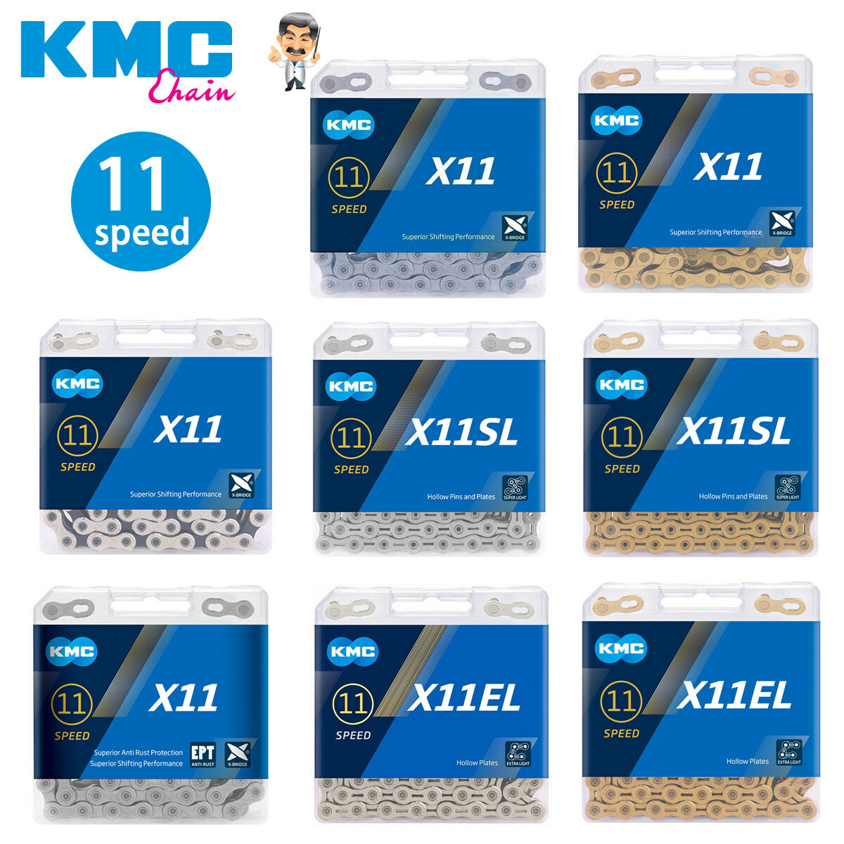 KMC X11 X11EL X11SL 11 Speed Bike Chain Retail Pack 118 Link for Shimano/ SRAM