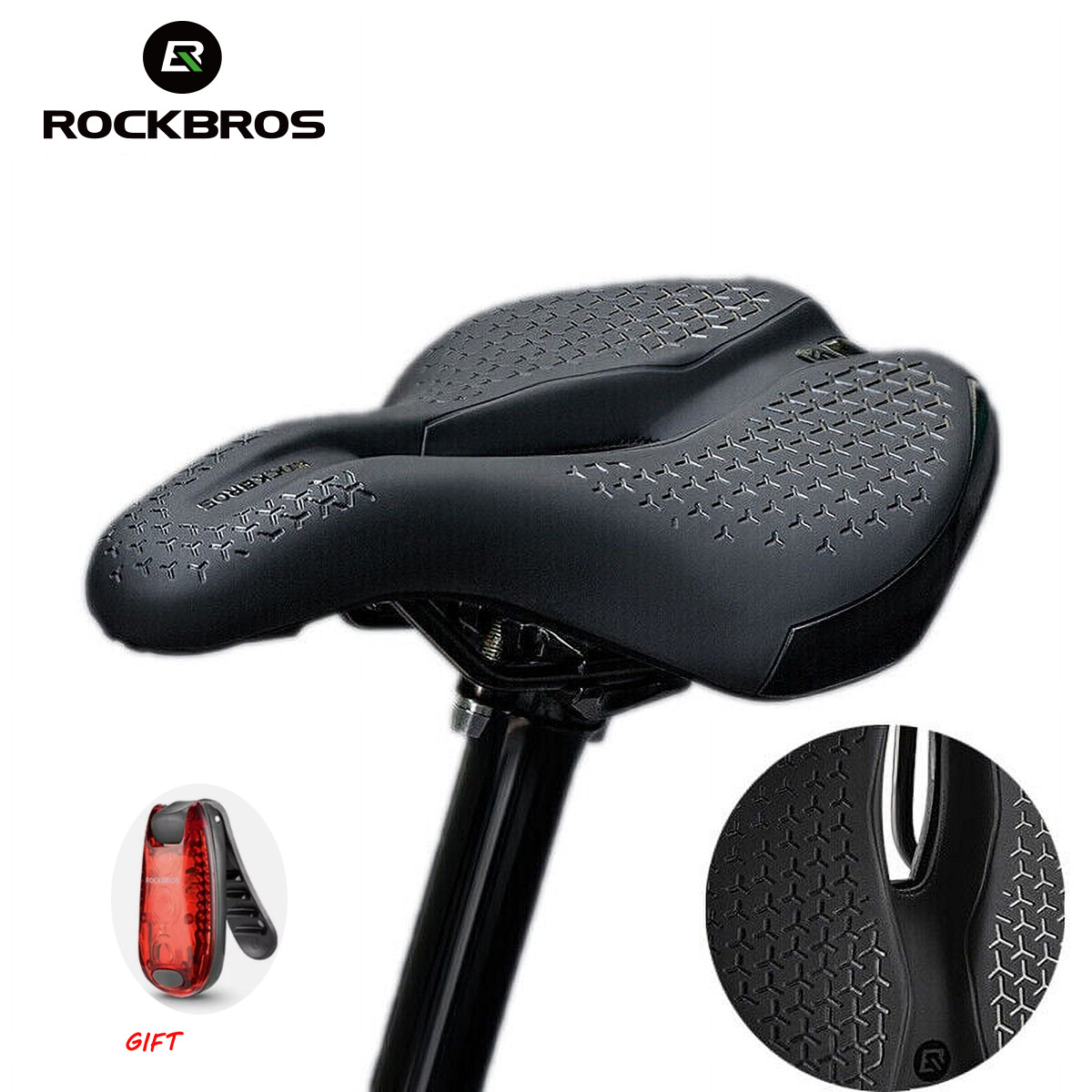 ROCKBROS Road MTB Bike Saddle Seat Soft Comfort Cycling Gel Pad Cushion &Lights
