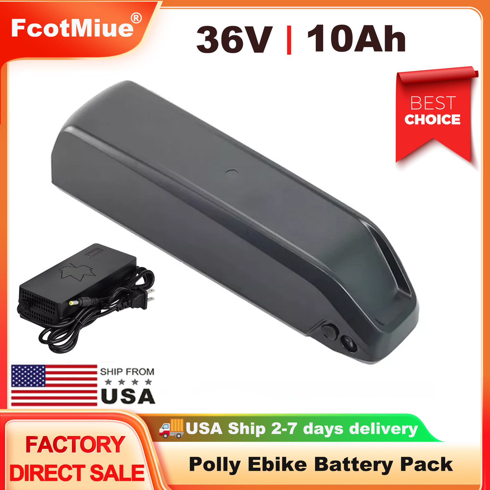 36V 10Ah Ebike Battery Polly Electric Bike Downtube Lithium Batteries w/Charger