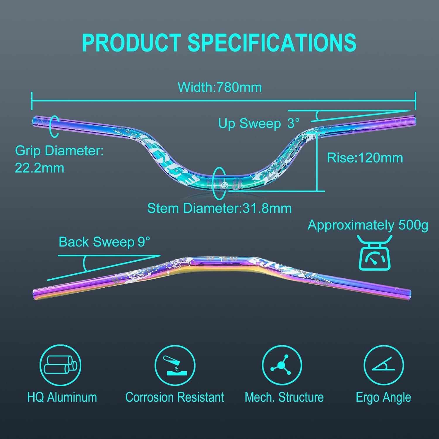 31.8mm Mountain Bike Handlebars, 55mm Rise Options, 780mm Cutable Width, Lightwe