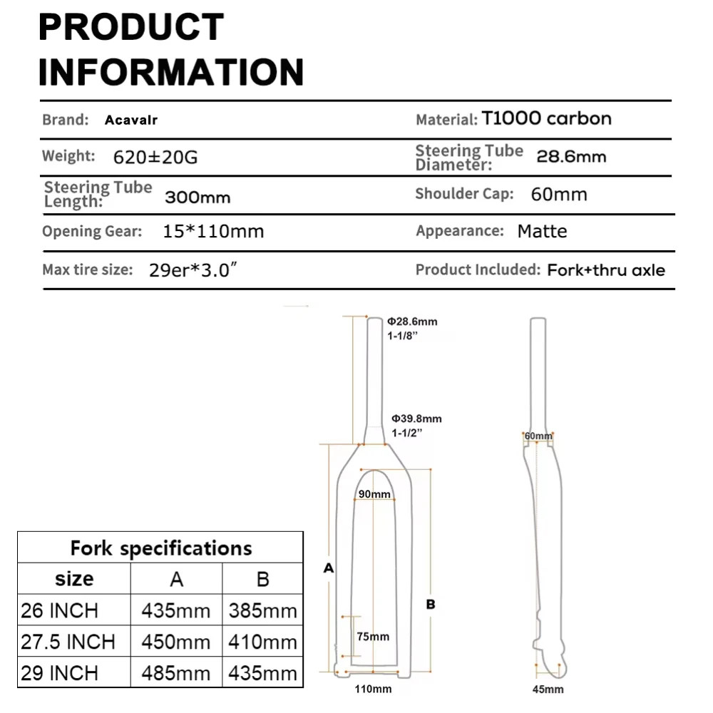 26 27.5 29ER Carbon MTB Fork 15*110mm Thru Axle Straight Tapered Tube Disc Brake
