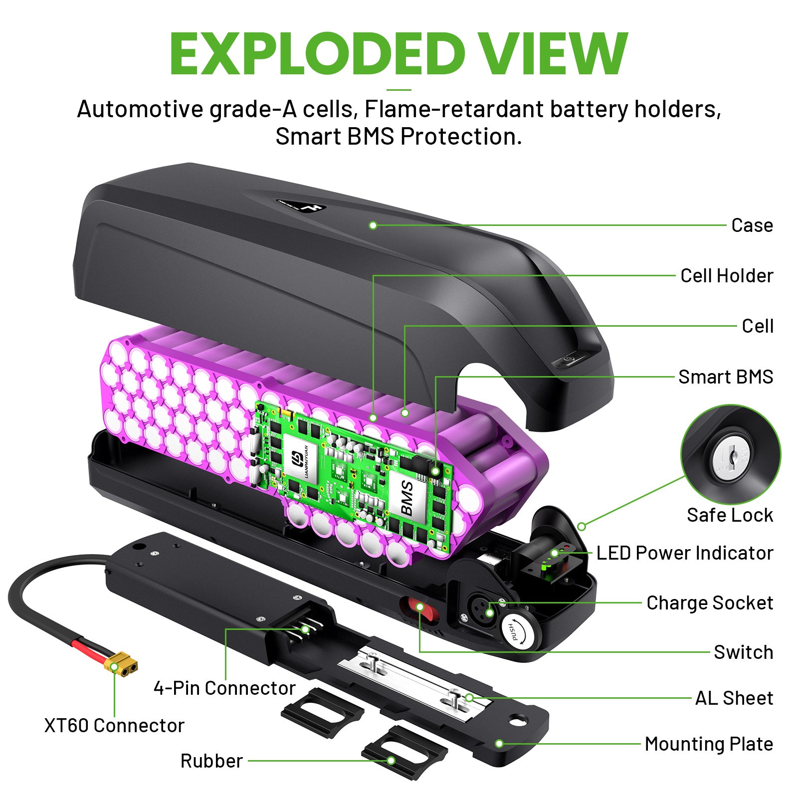 E-bike Lithium battery 36V 48V 52V 20Ah Hailong LG Cells Down Tube 0~2000W Motor