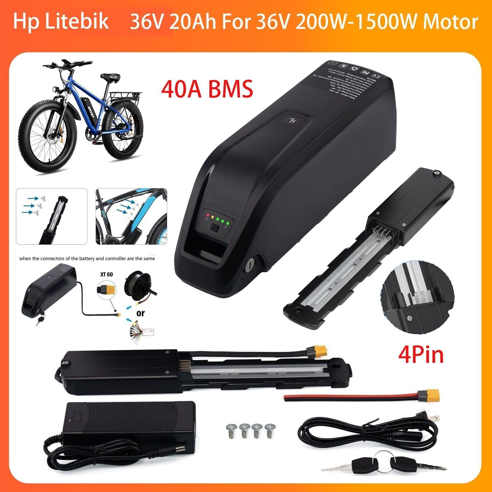 36V Hailong Ebike Battery, 4-Pin 20Ah Electric Bike Bicycle Lithium Battery 40A