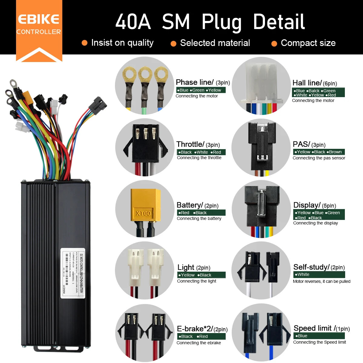 Ebike 3-Mode Sine Wave 17A26A30A40A Controller+Color LCD S866 GD02 Display Set