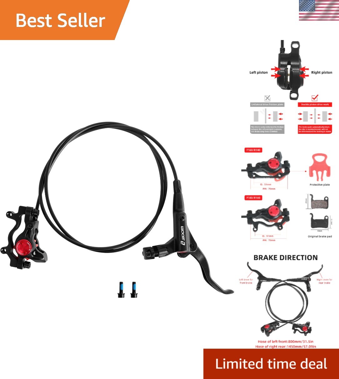 Z00M MTB Hydraulic Disc Brakes Set Mountain Bike Left Front 800mm Right Rear …