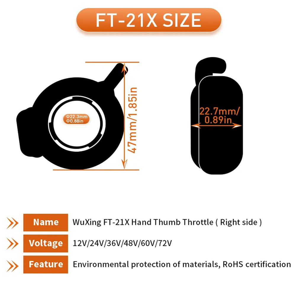 Ebike FT21X 12V 24V 36V 48V 52V 72V Speed Control Thumb Throttle WP/SM Plug