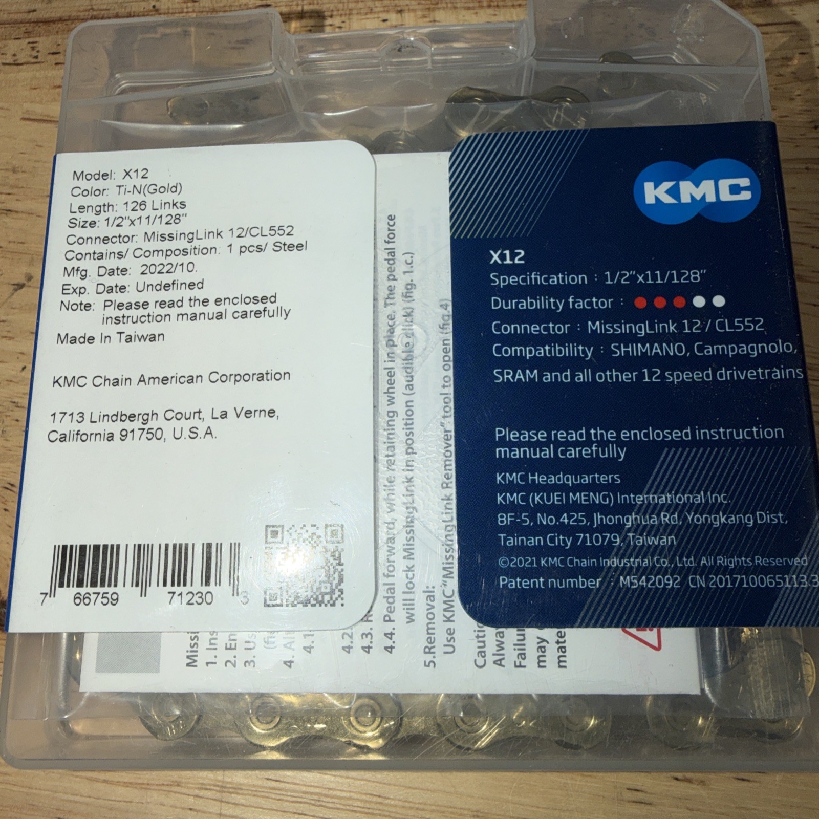 KMC X12 Ti-N Gold 12-Speed Chain w/ Master Link