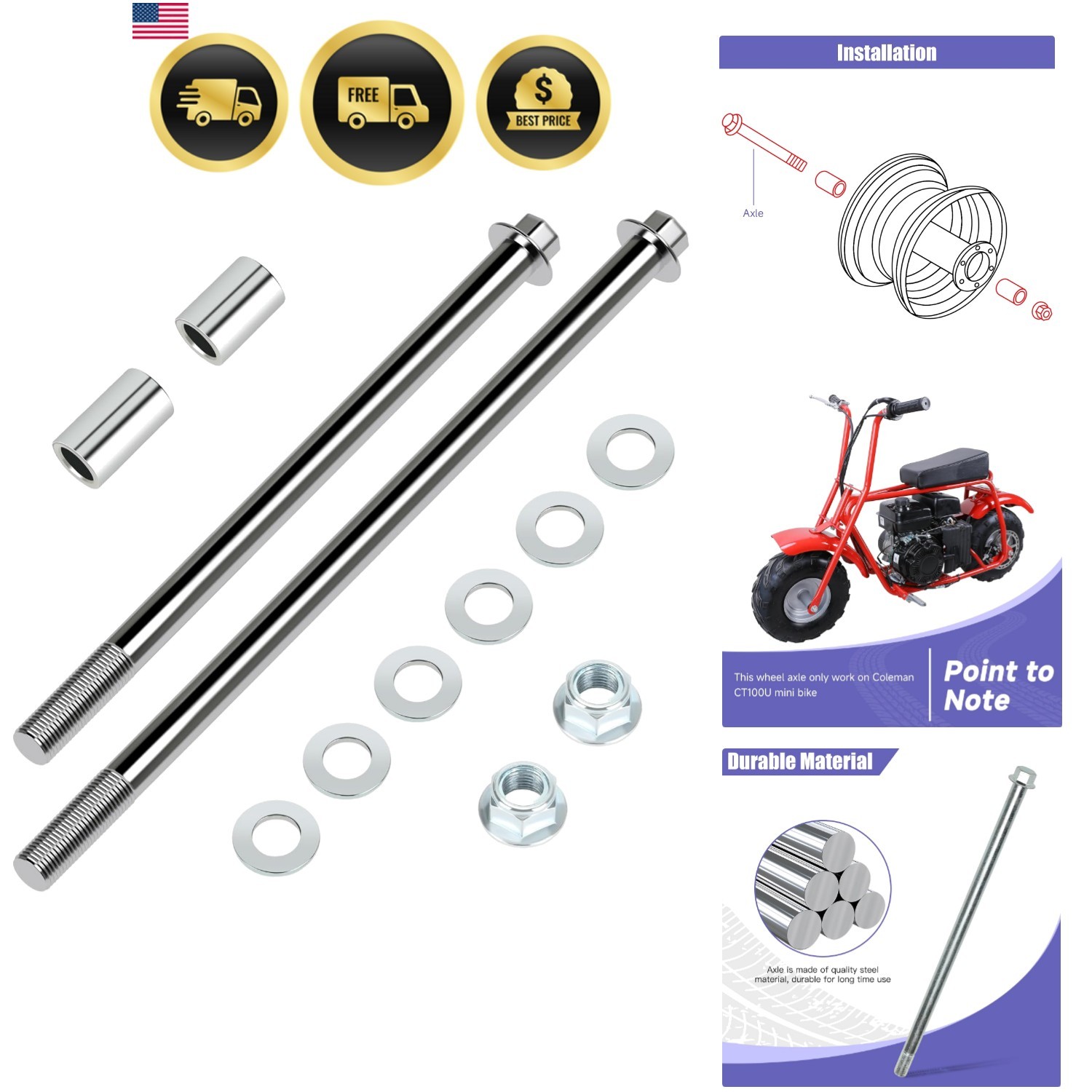 Mini Bike Axle Set Rear Front Replacement for Coleman CT100U 270mm 225mm